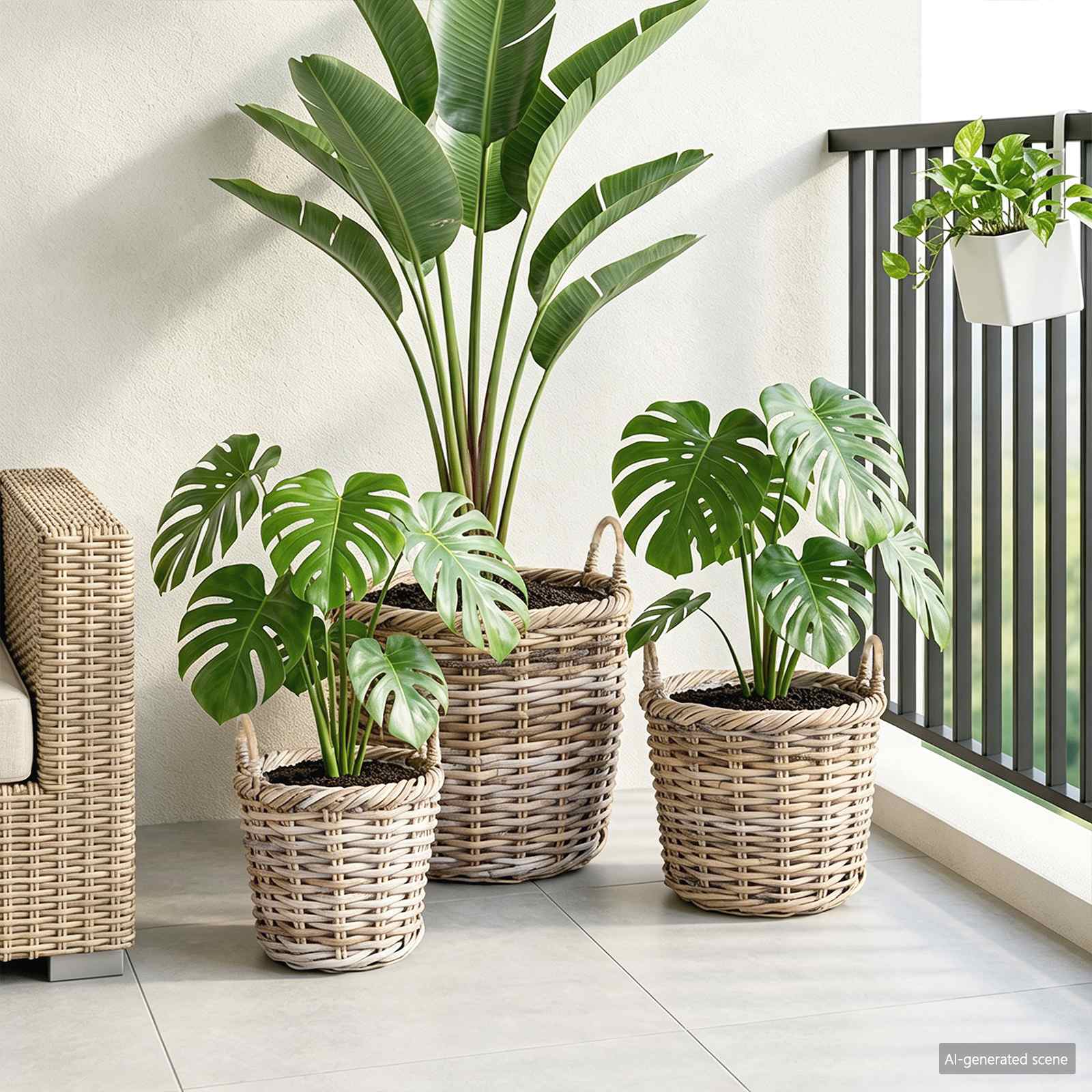 Blumentopfkorb mit Speicher 3 Stk. Natürliches Grau Kubu Rattan