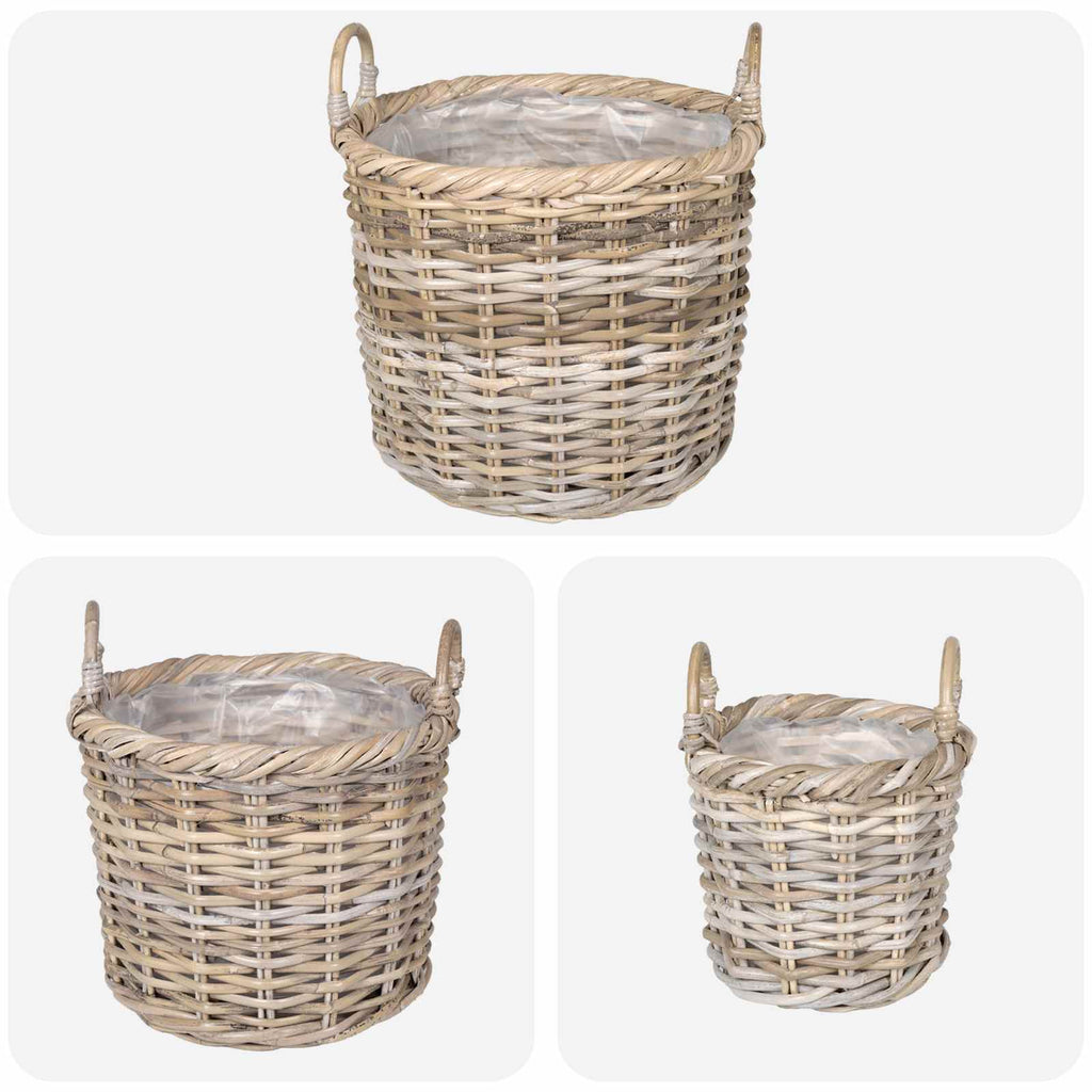 Blumentopfkorb mit Speicher 3 Stk. Natürliches Grau Kubu Rattan