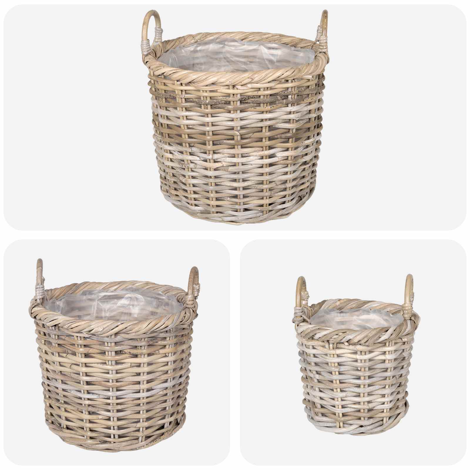 Blumentopfkorb mit Speicher 3 Stk. Natürliches Grau Kubu Rattan