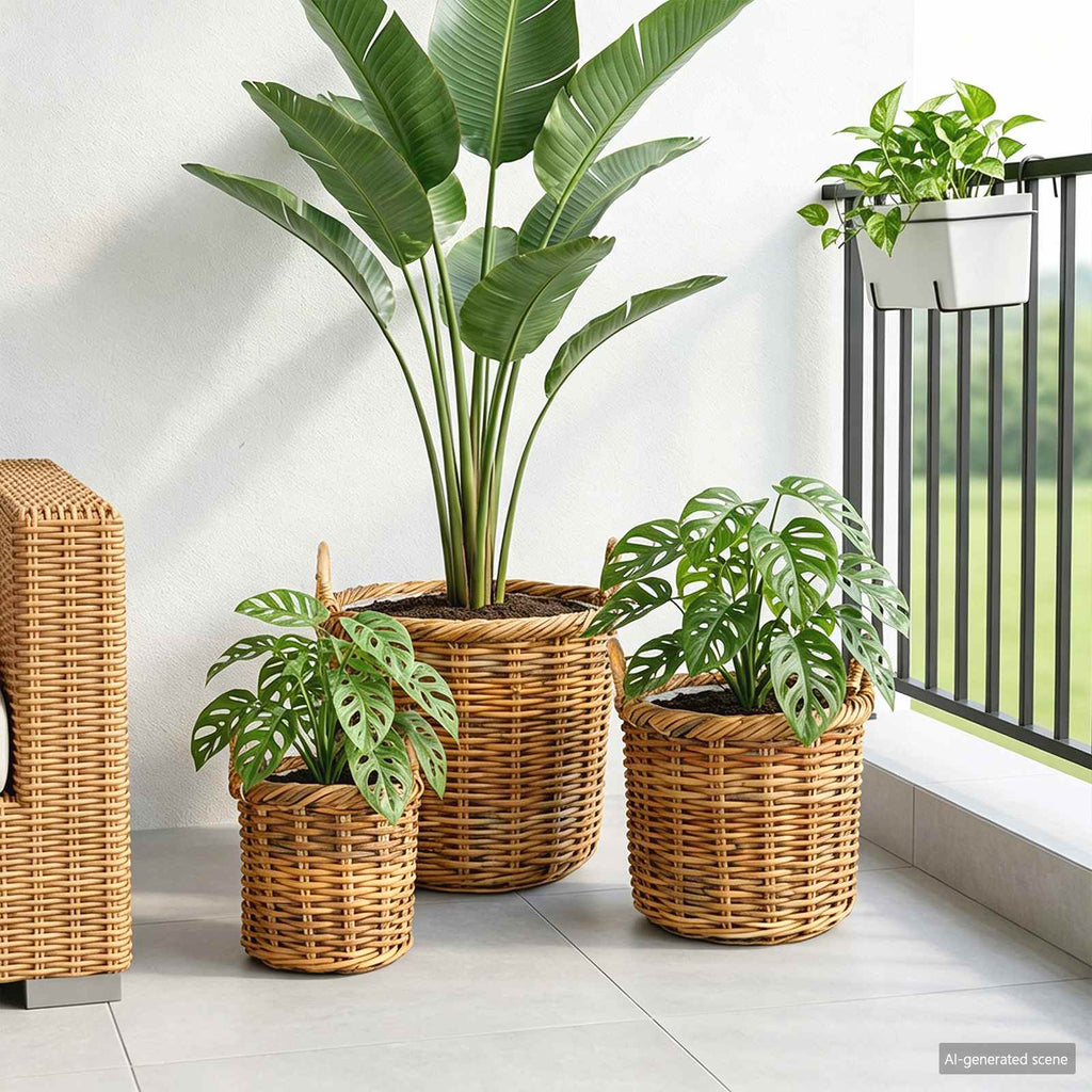 Blumentopfkorb mit Speicher 3 Stk. Naturbraun Lacak Rattan