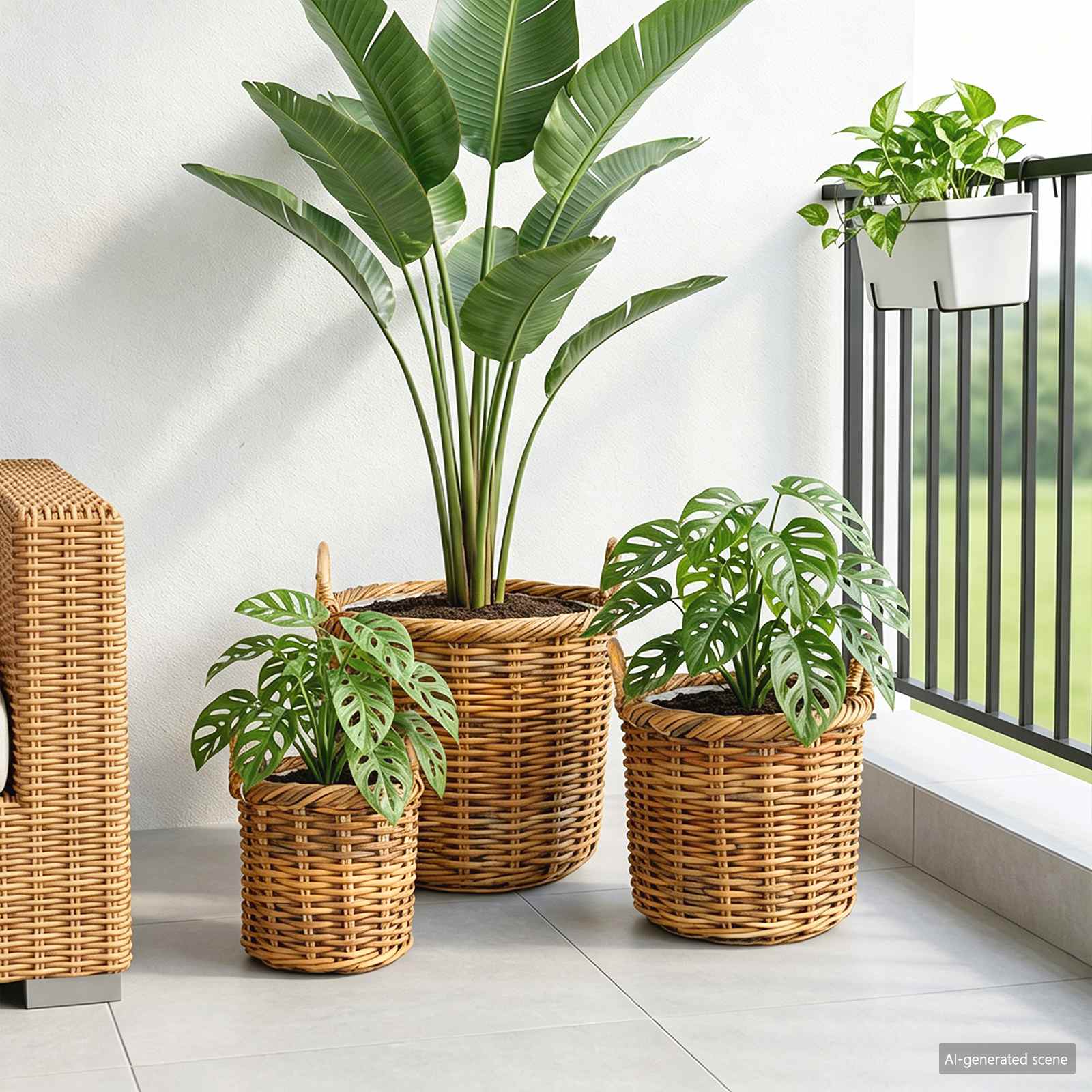 Blumentopfkorb mit Speicher 3 Stk. Naturbraun Lacak Rattan