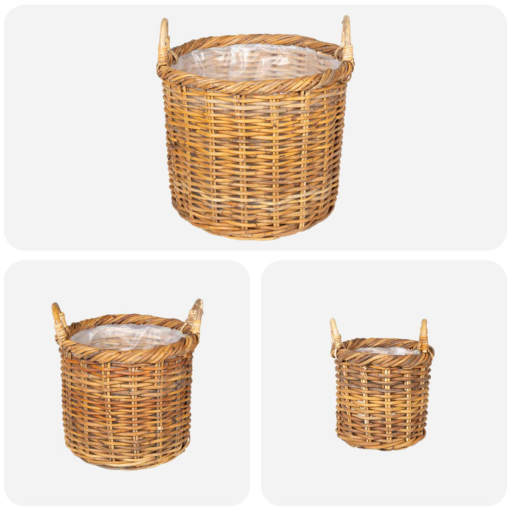 Blumentopfkorb mit Speicher 3 Stk. Naturbraun Lacak Rattan