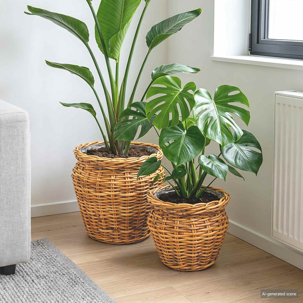 Blumentopfkorb mit Speicher 2 Stk. Naturbraun Lacak Rattan