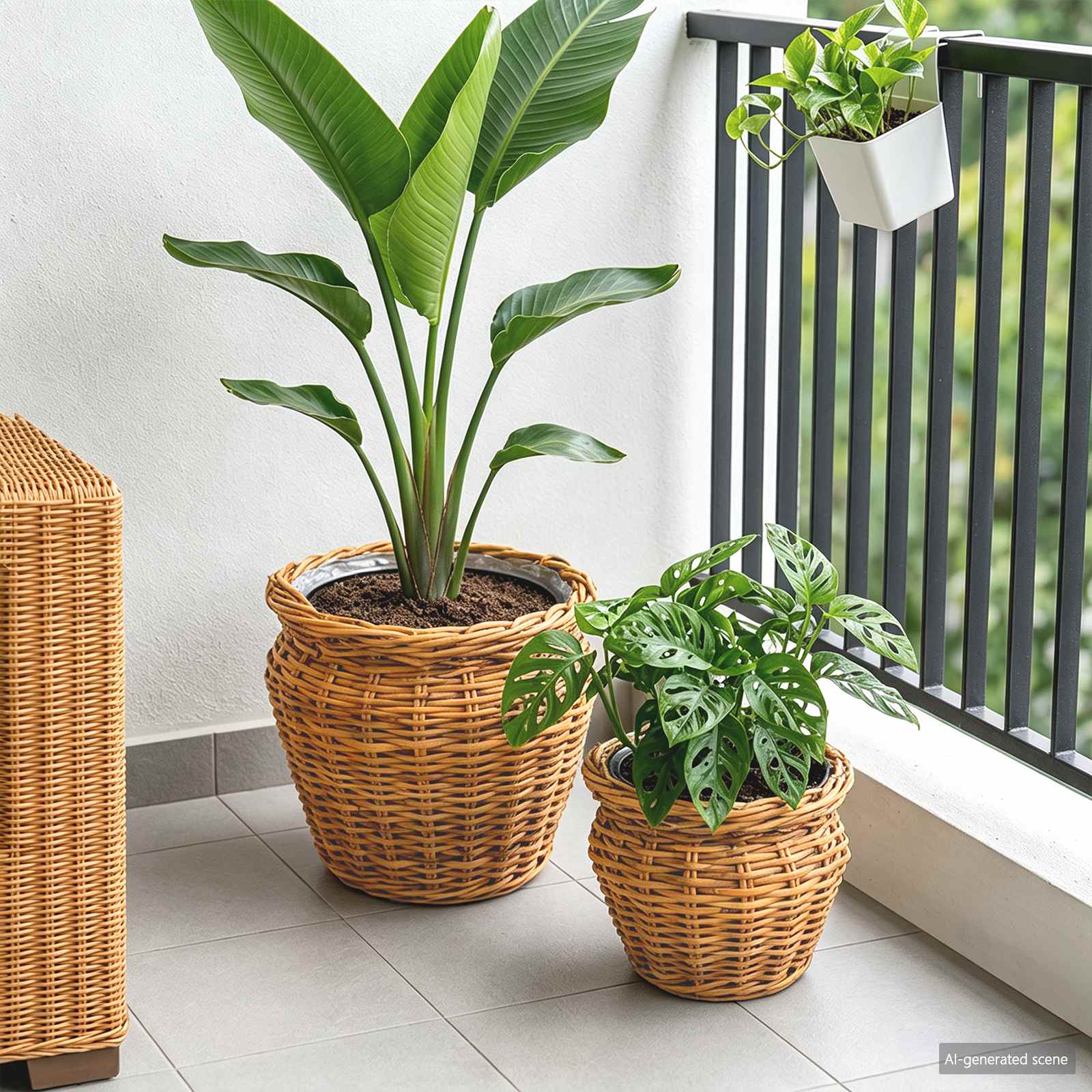 Blumentopfkorb mit Speicher 2 Stk. Naturbraun Lacak Rattan