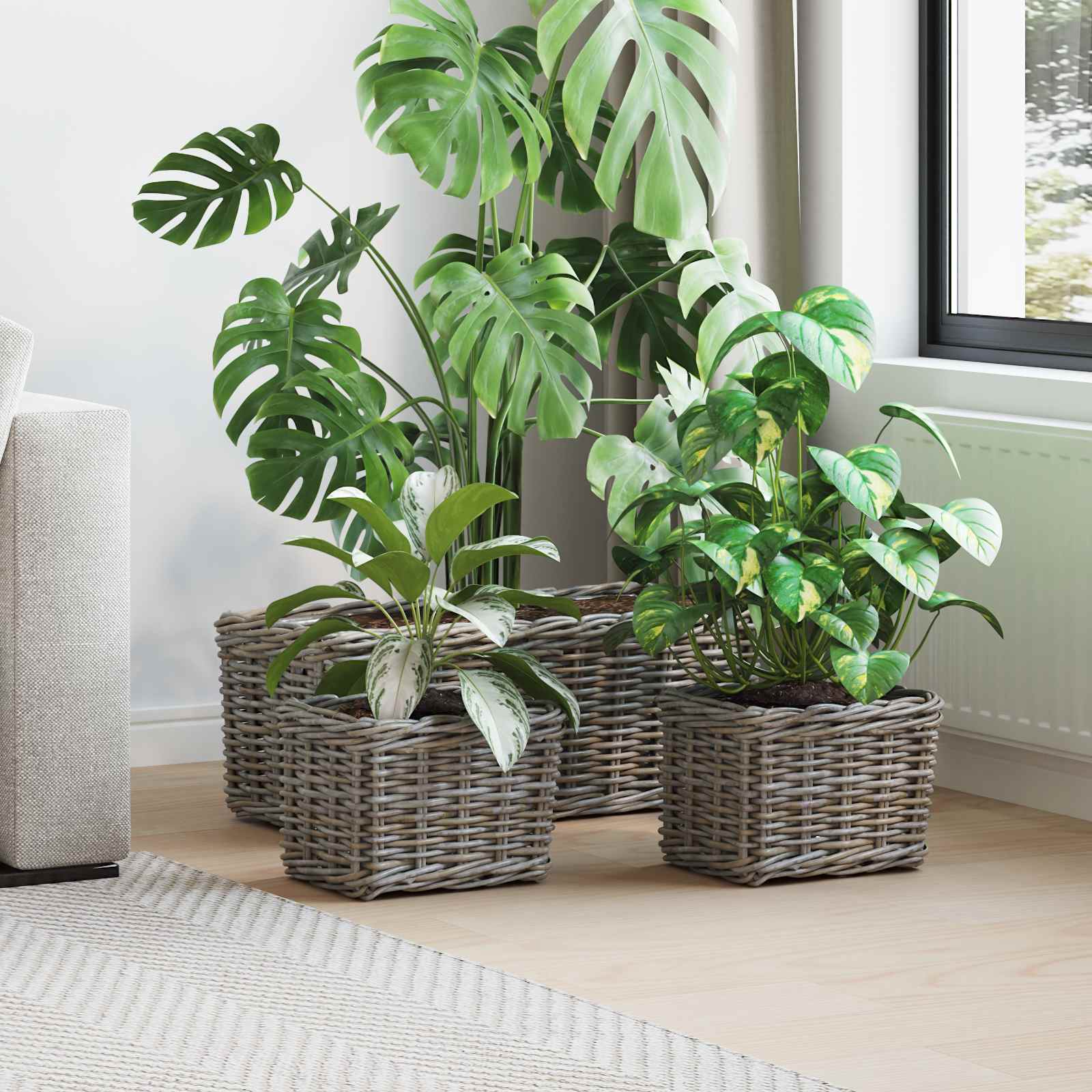Blumentopfkorb mit Speicher 3 pcs Grau Kubu Rattan