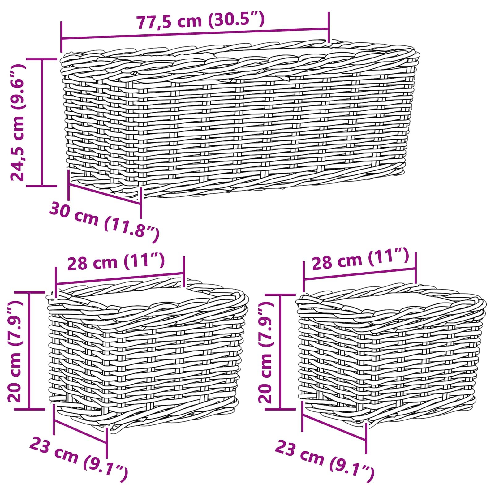 Blumentopfkorb mit Speicher 3 pcs Grau Kubu Rattan