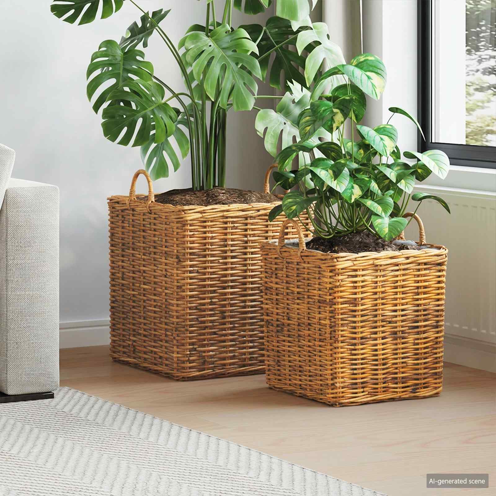 Pflanzer Korb mit Speicher 2 Stk. Naturbraun Lacak Rattan
