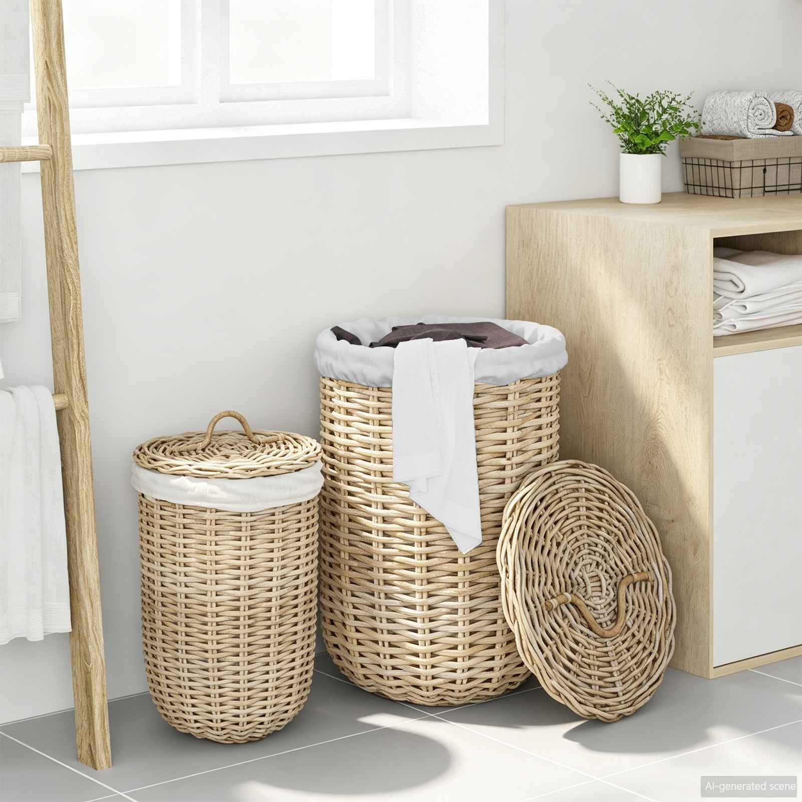 Wäschekorb mit Deckel 2 pcs Natürliches Grau Kubu Rattan