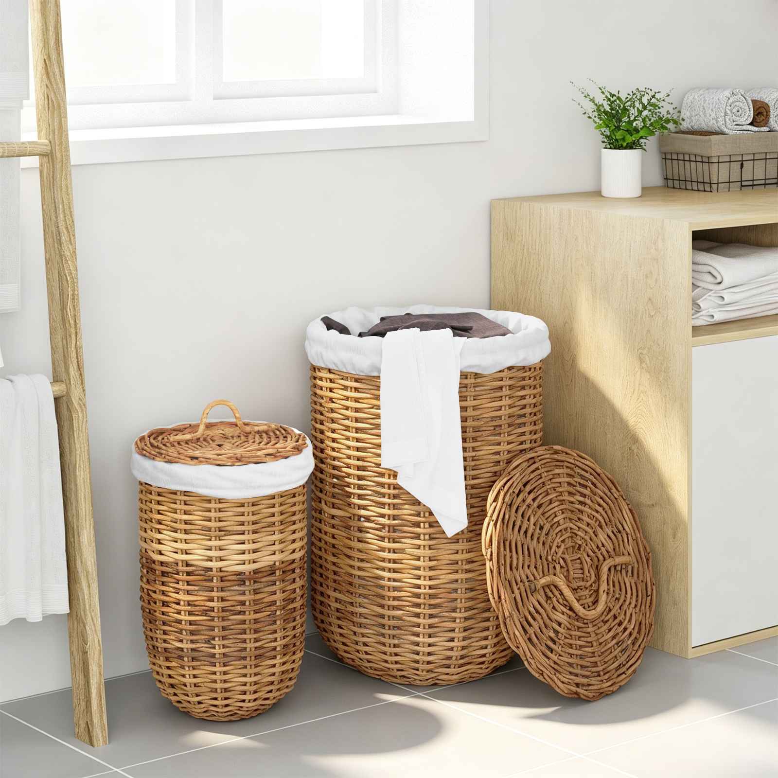 Wäschekorb mit Deckel 2 pcs Naturbraun Kubu Rattan