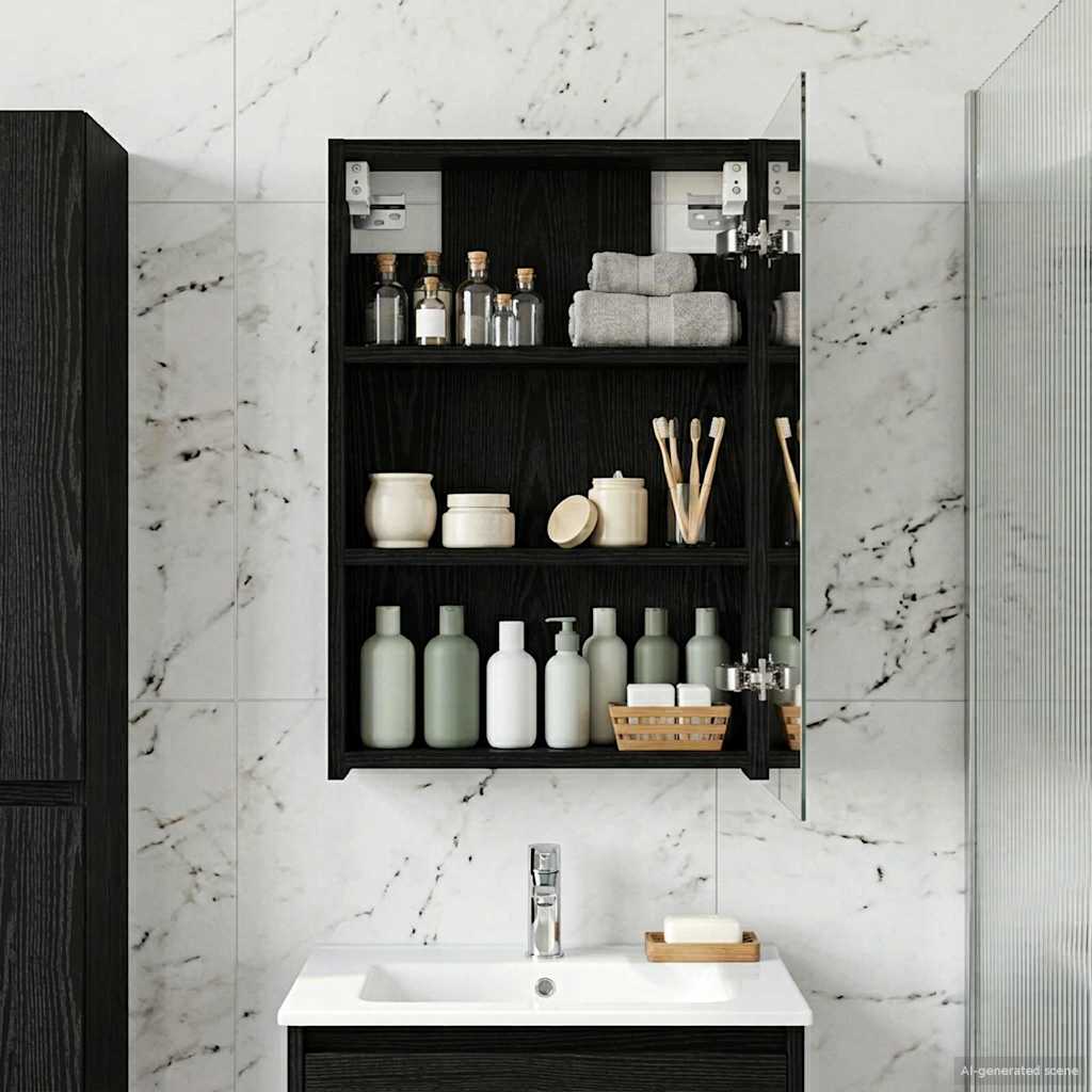 Badezimmerspiegelschrank mit Regal mit Tür Schwarz Eichen-Optik