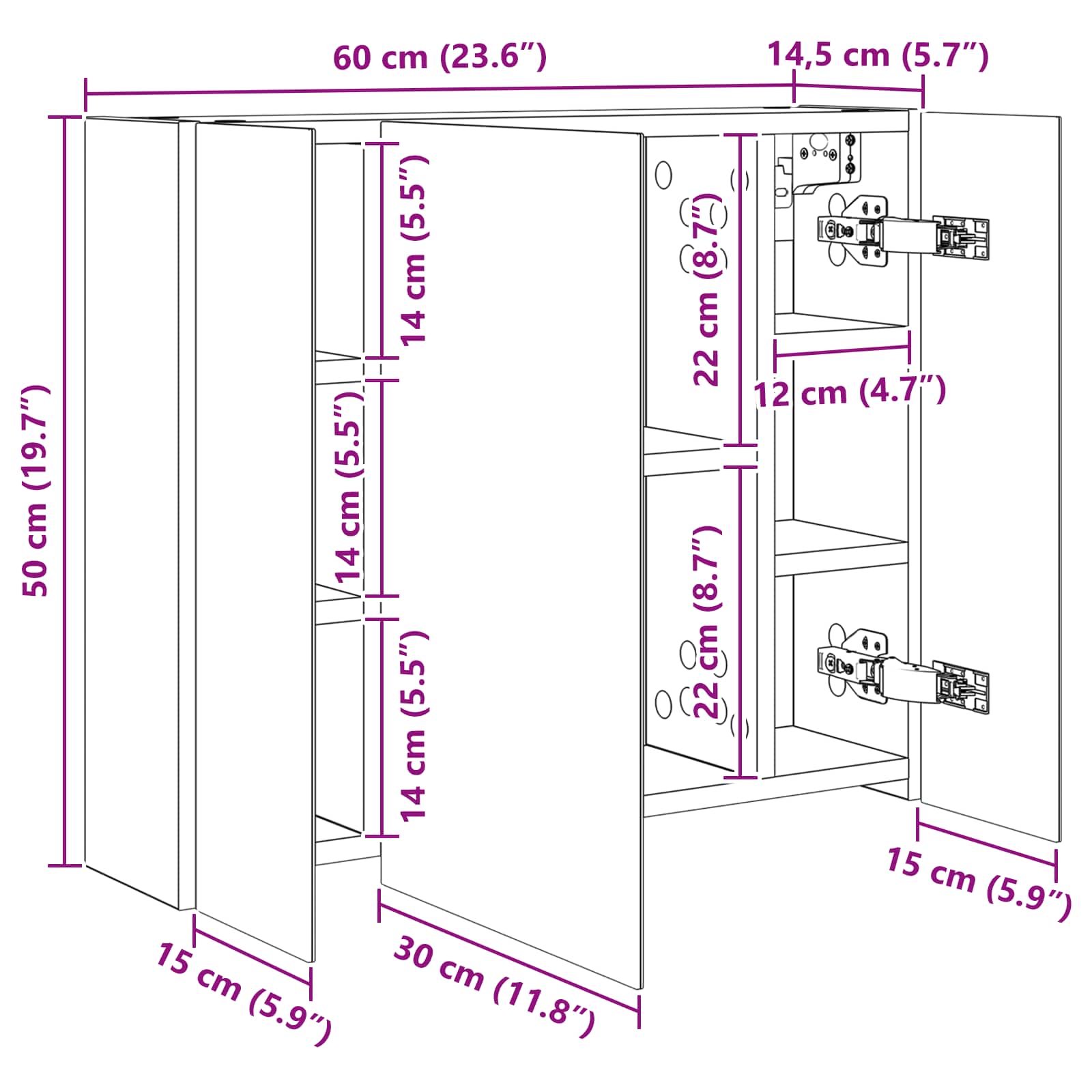 Badezimmerspiegelschrank Graues Sonoma 60 x 14,5 x 50 cm