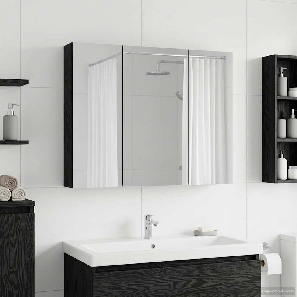 Badezimmerspiegelschrank mit Regal mit Tür Schwarz Eichen-Optik