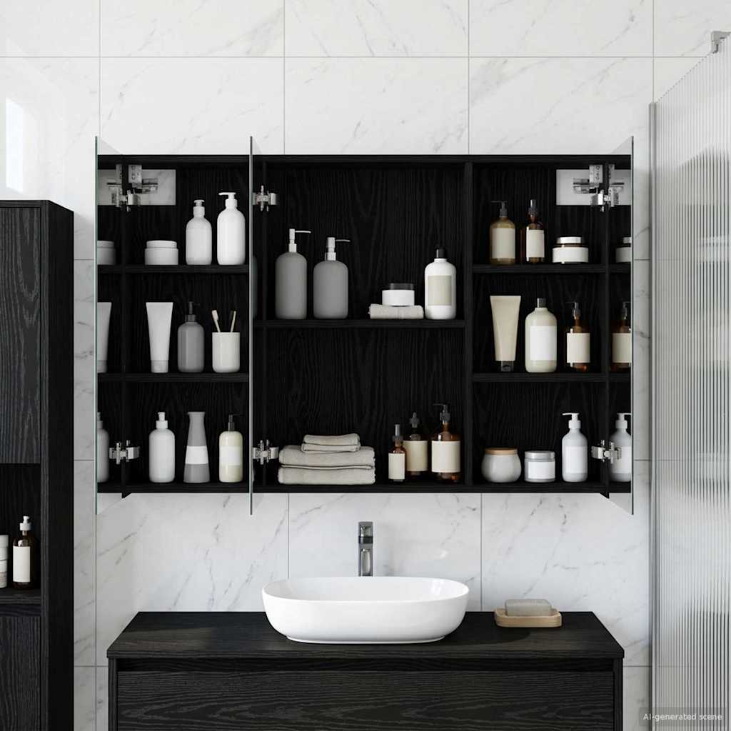 Badezimmerspiegelschrank mit Regal mit Tür Schwarz Eichen-Optik