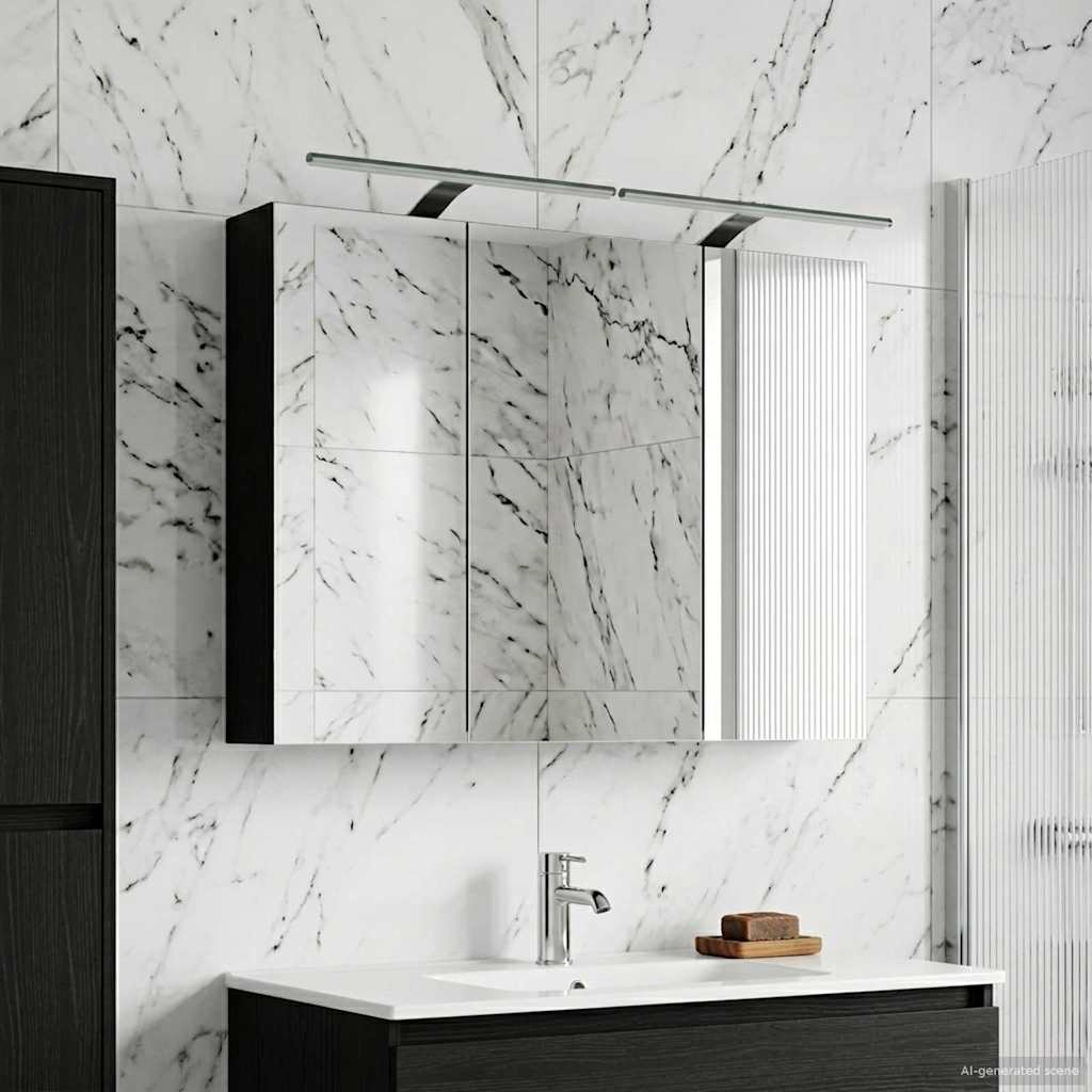 Badezimmerspiegelschrank mit Regal mit Tür Schwarz Eichen-Optik