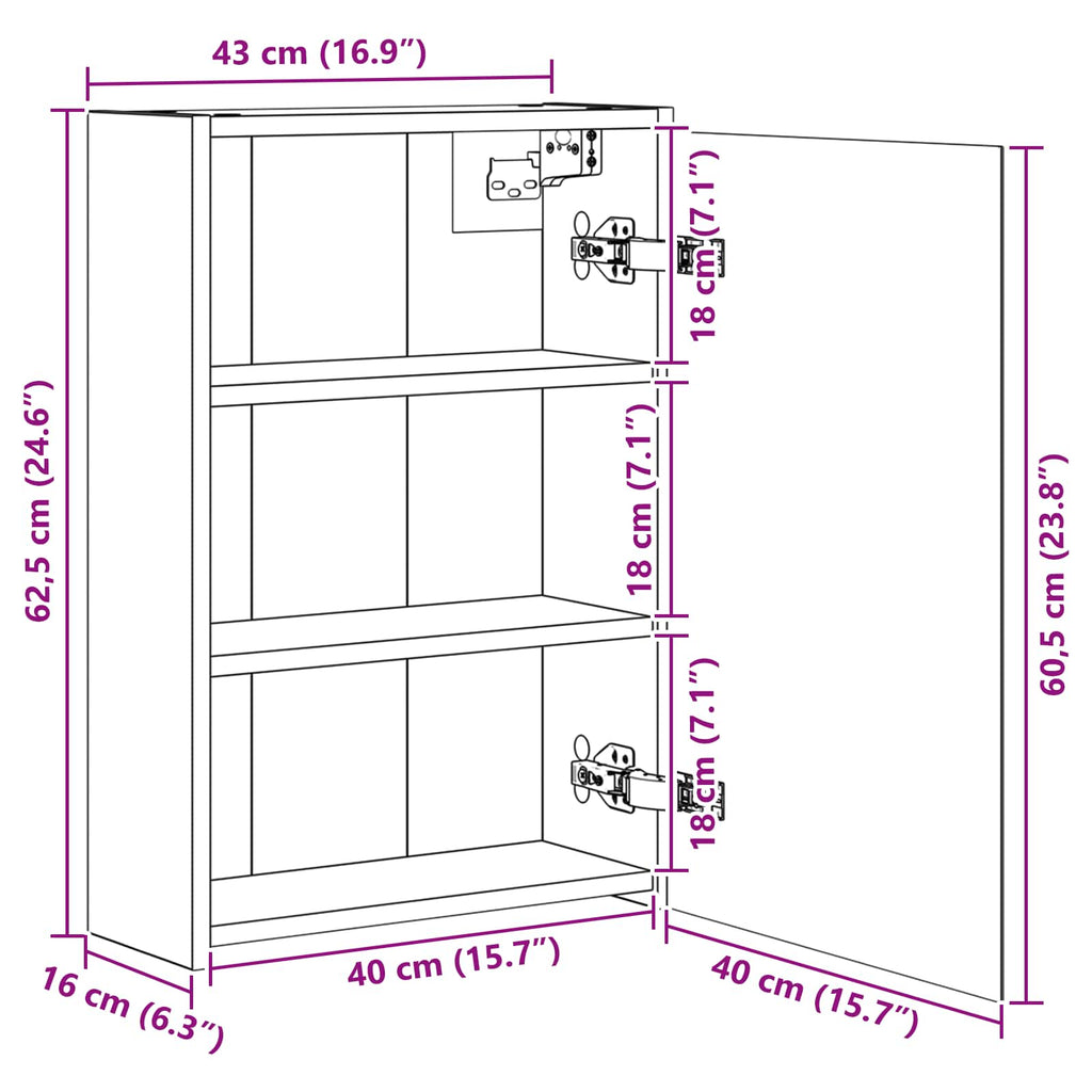 Badezimmerspiegelschrank mit Tür Sonoma-Eiche 43 x 16 x 62.5 cm