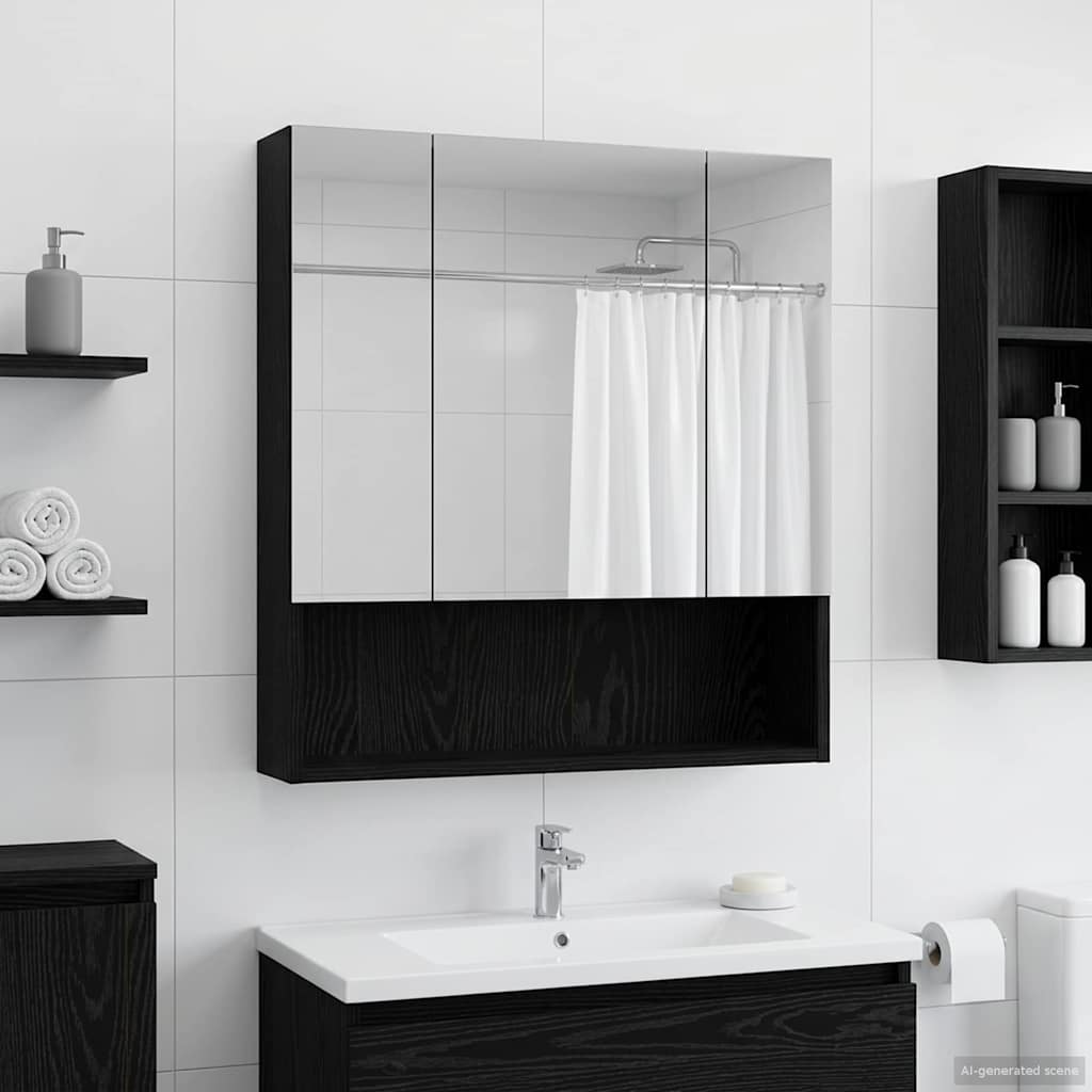 Badezimmerspiegelschrank Schwarz Eichen-Optik 60 x 14.5 x 70 cm