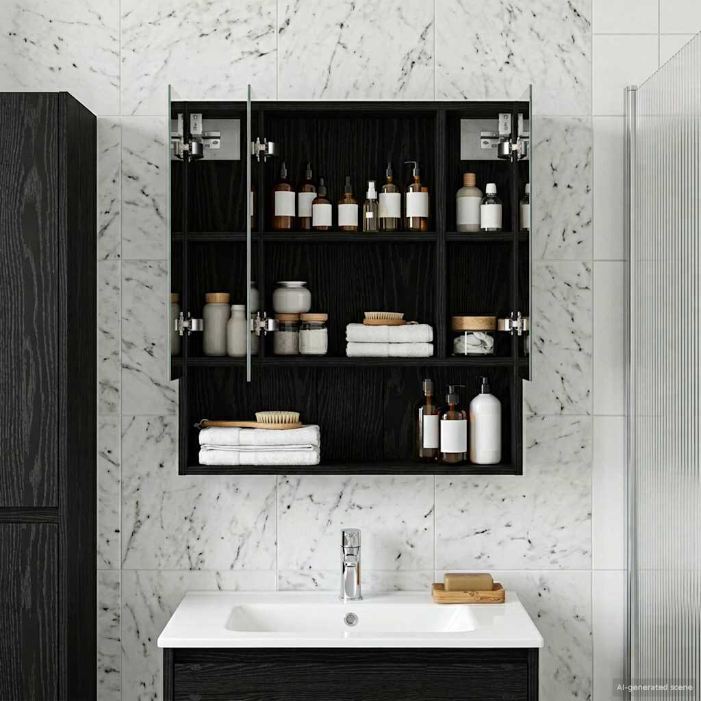 Badezimmerspiegelschrank Schwarz Eichen-Optik 60 x 14.5 x 70 cm