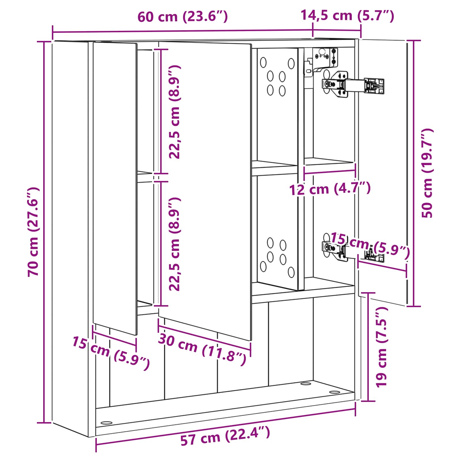 Badezimmerspiegelschrank mit Tür Sonoma-Eiche 60 x 14.5 x 70 cm
