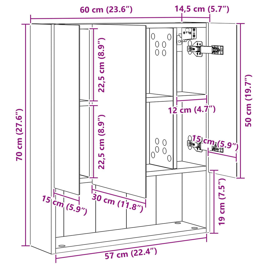 Badezimmerspiegelschrank mit Regal Altholz 60 x 14.5 x 70 cm