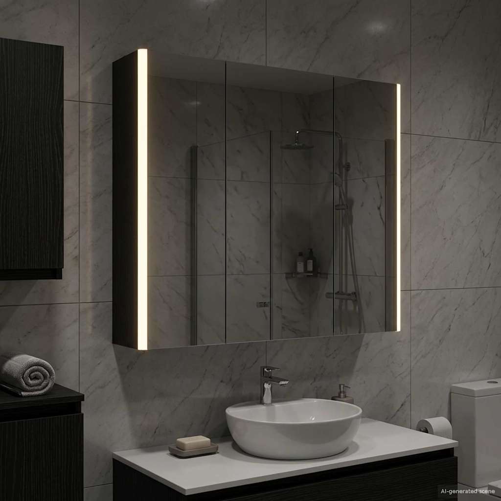 Badezimmerspiegelschrank mit Regal mit Tür Schwarz Eichen-Optik