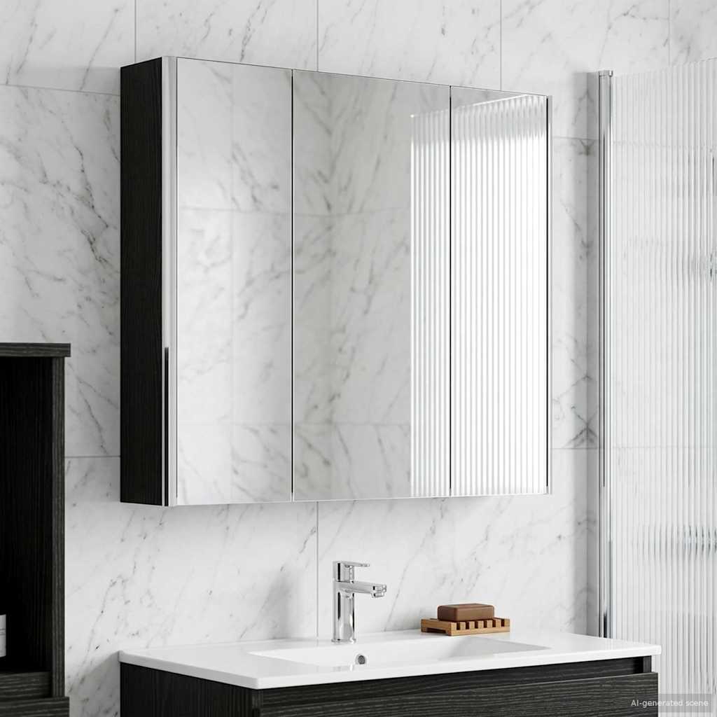 Badezimmerspiegelschrank mit Regal mit Tür Schwarz Eichen-Optik