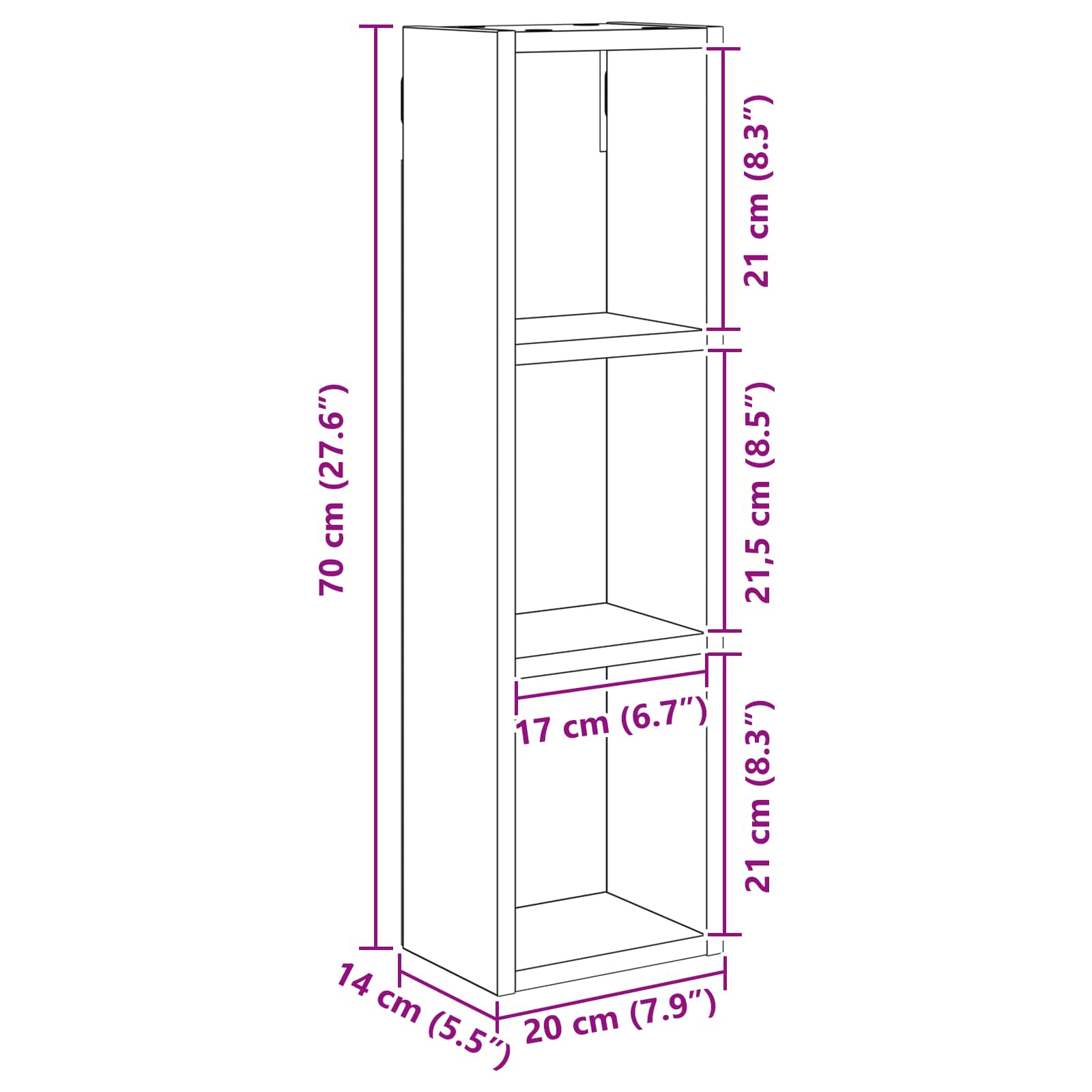 Badezimmer-Wandschrank mit Regal Sonoma-Eiche 20 x 14 x 70 cm