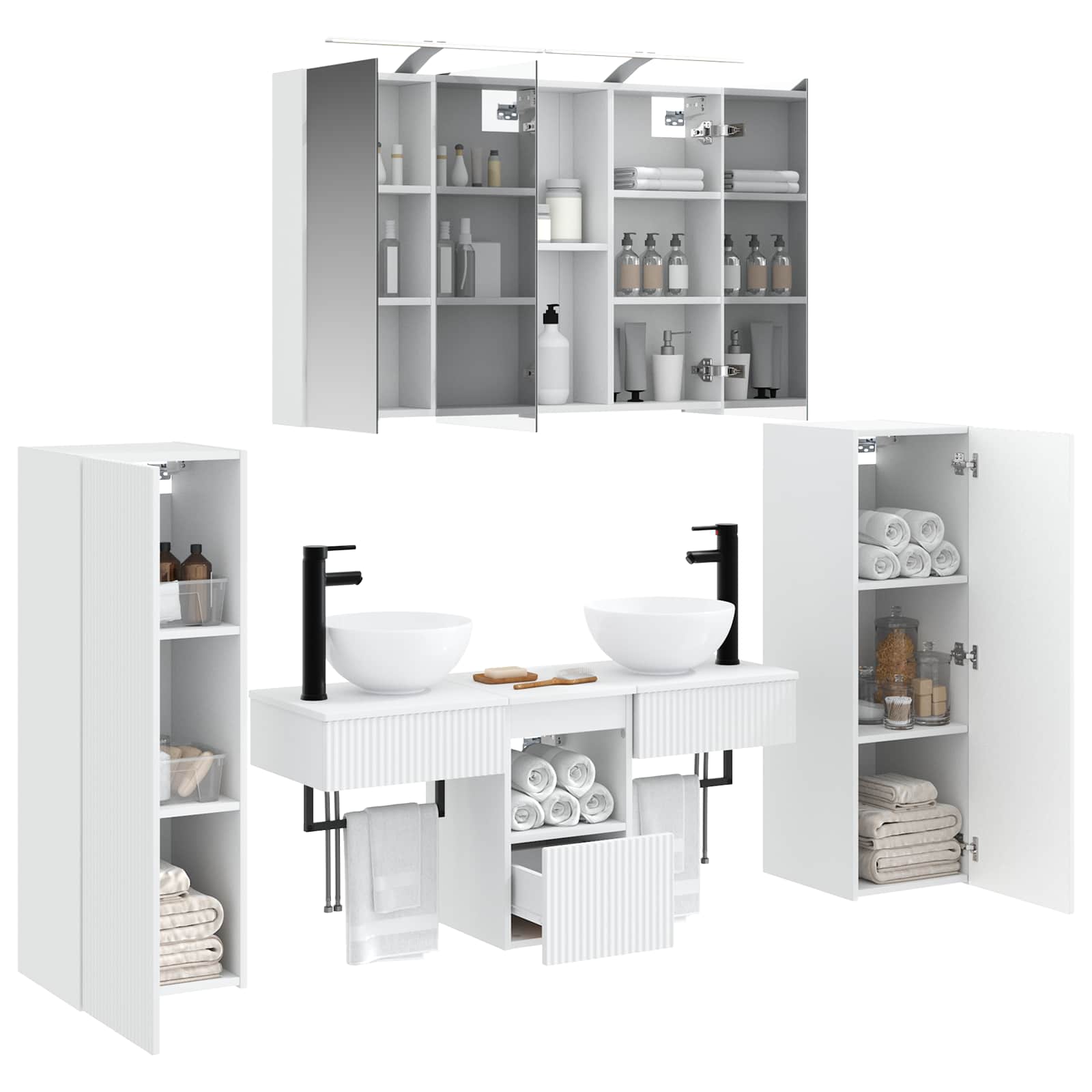 Badezimmermöbel-Set 6 pcs Weiß Ingenieurholz und Glas