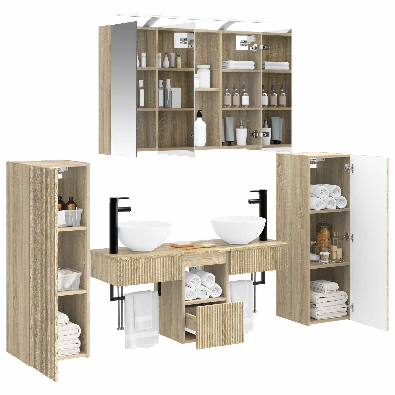 Badezimmermöbel-Set 6 pcs Sonoma-Eiche Ingenieurholz und Glas
