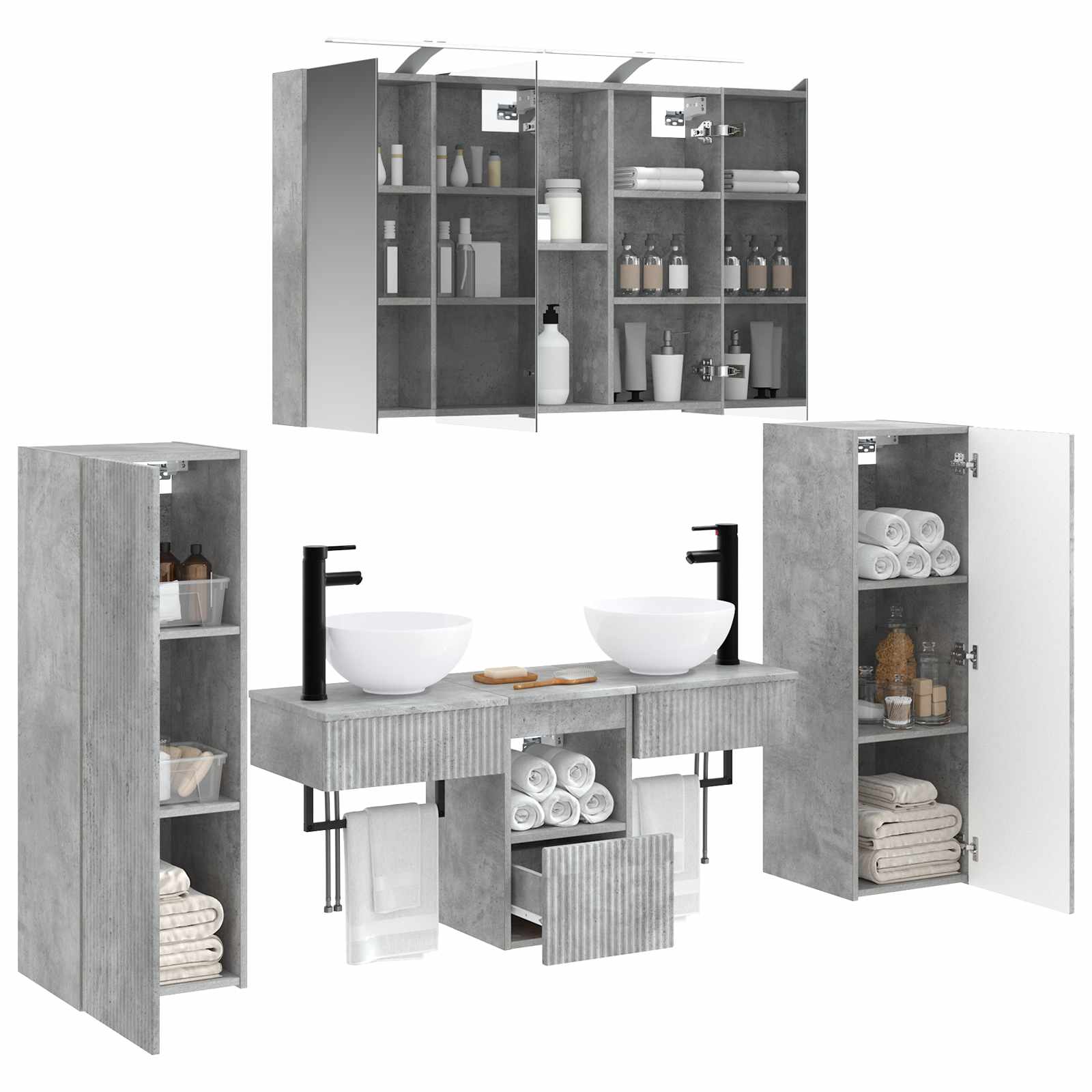 Badezimmermöbel-Set 6 pcs Betongrau Ingenieurholz und Glas