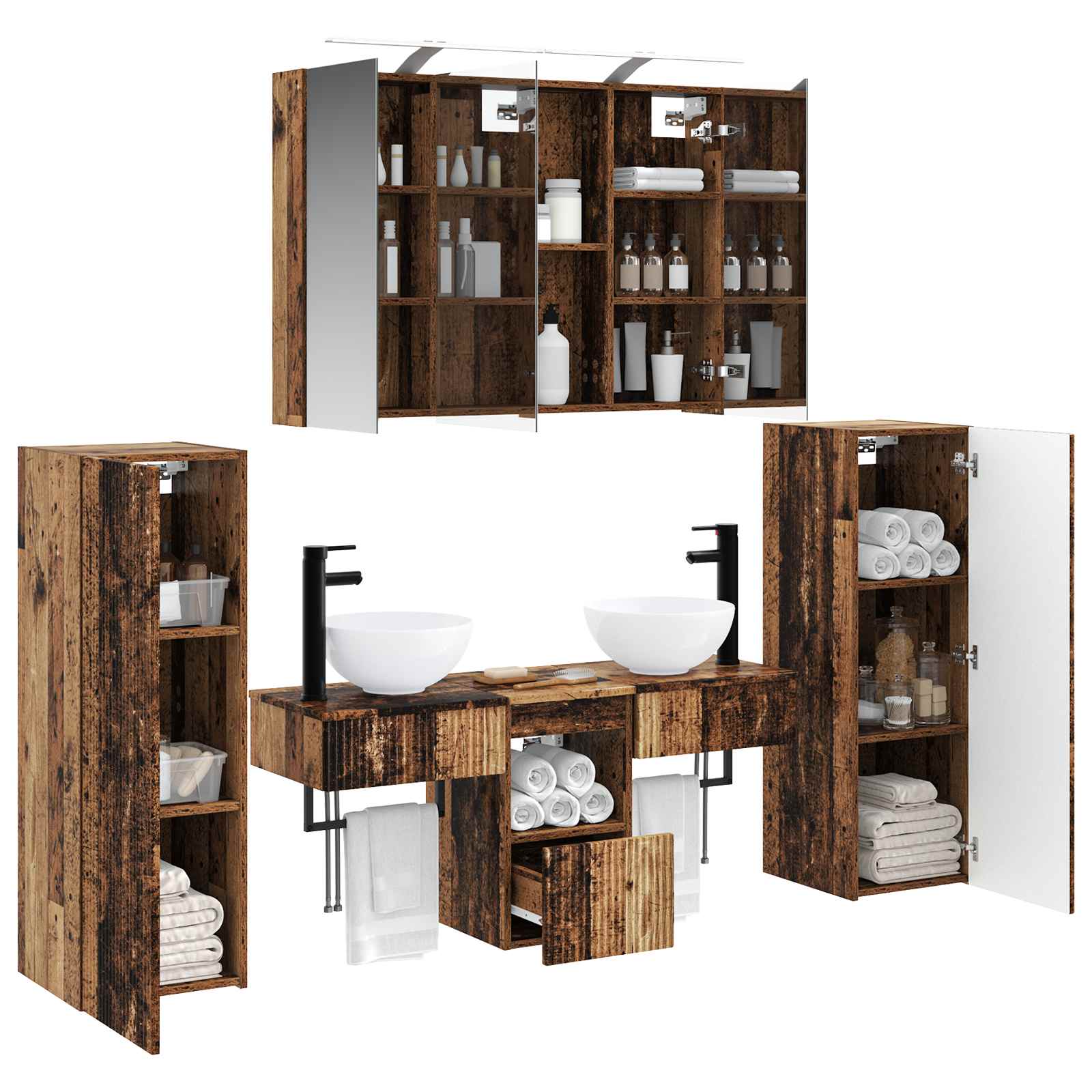 Badezimmermöbel-Set 6 pcs Altholz Ingenieurholz und Glas