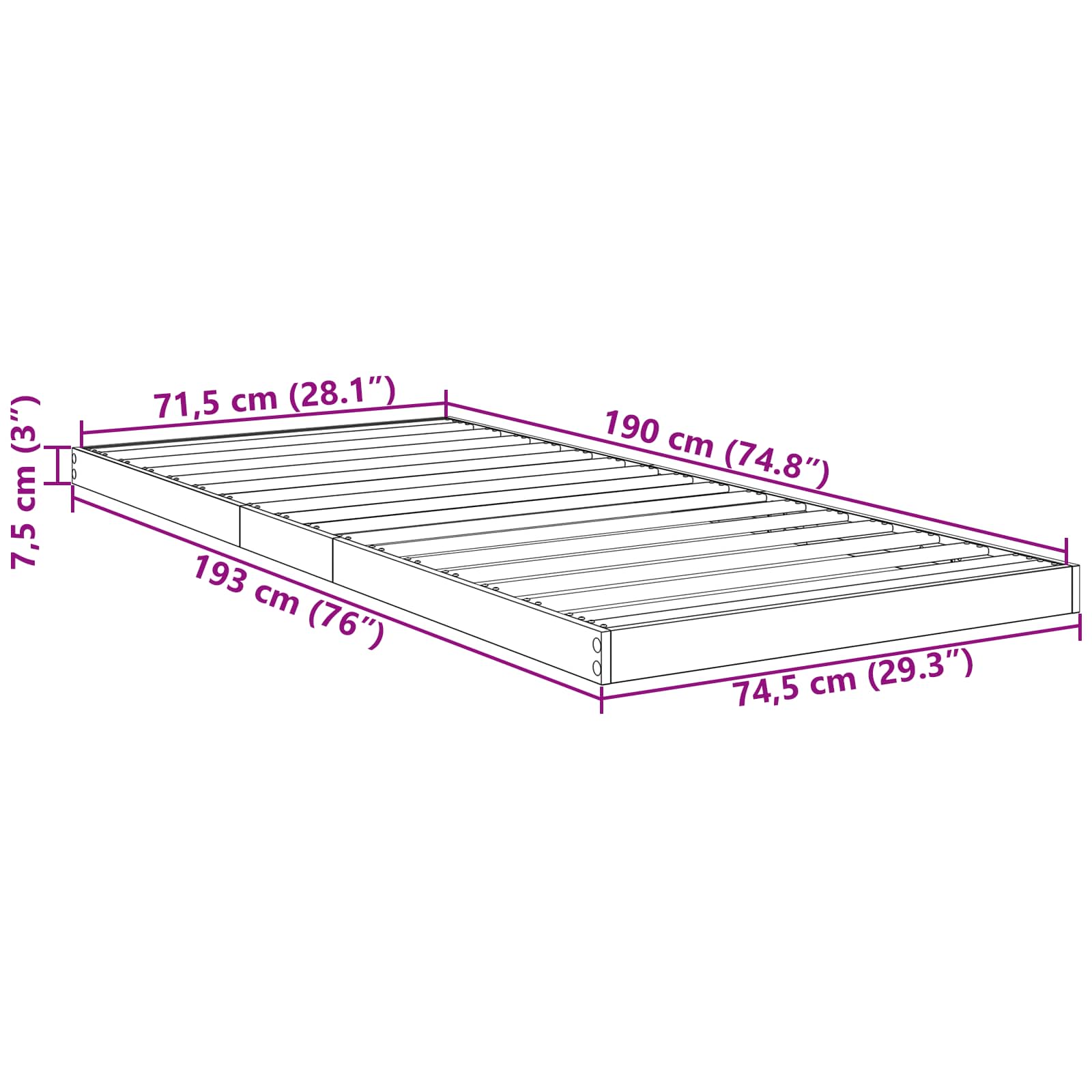 Bodenbettrahmen Sonoma 75 x 190 cm Holzwerkstoff