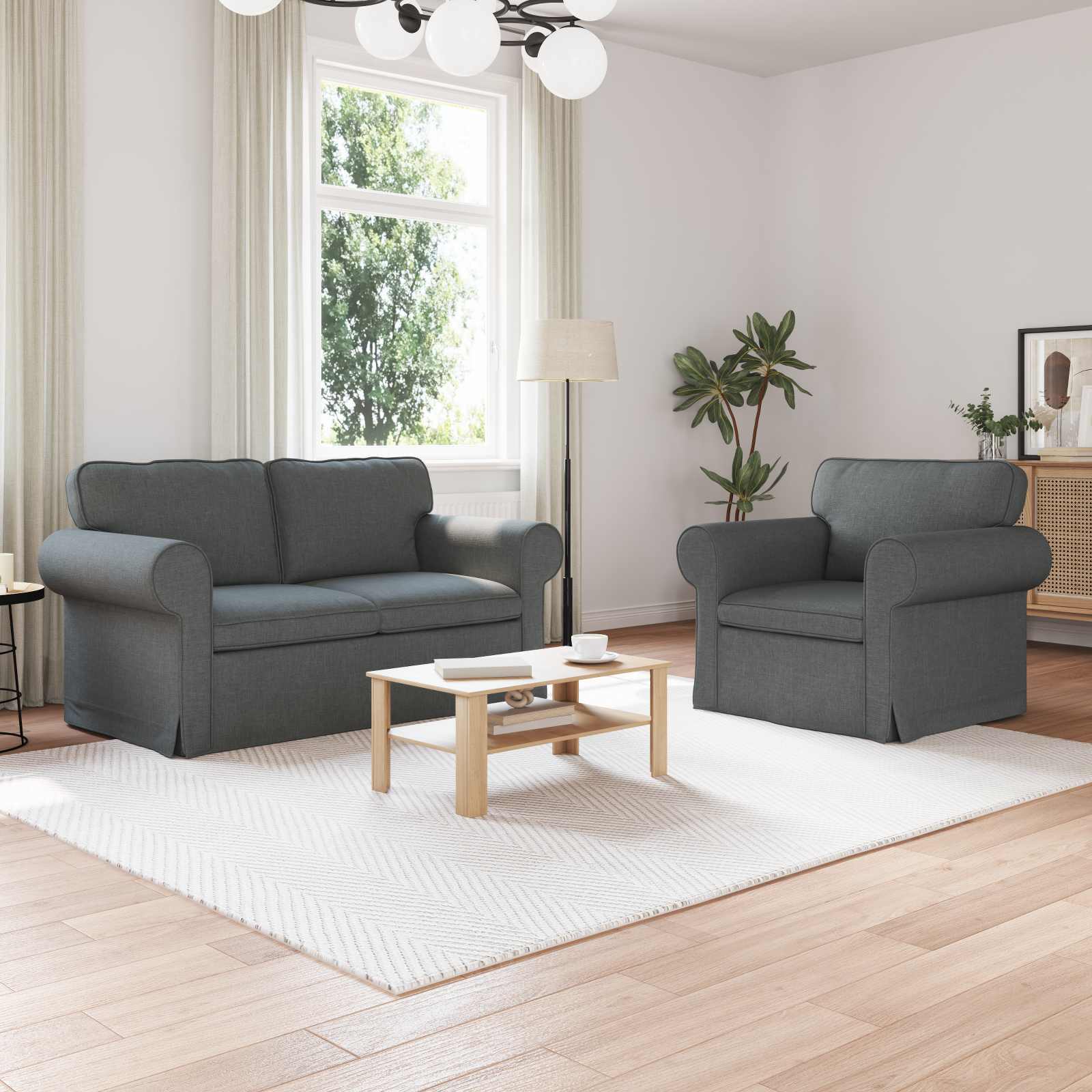 Sofa Set 2 pcs Dunkelgrau 155 x 82 x 80 cm Stoff