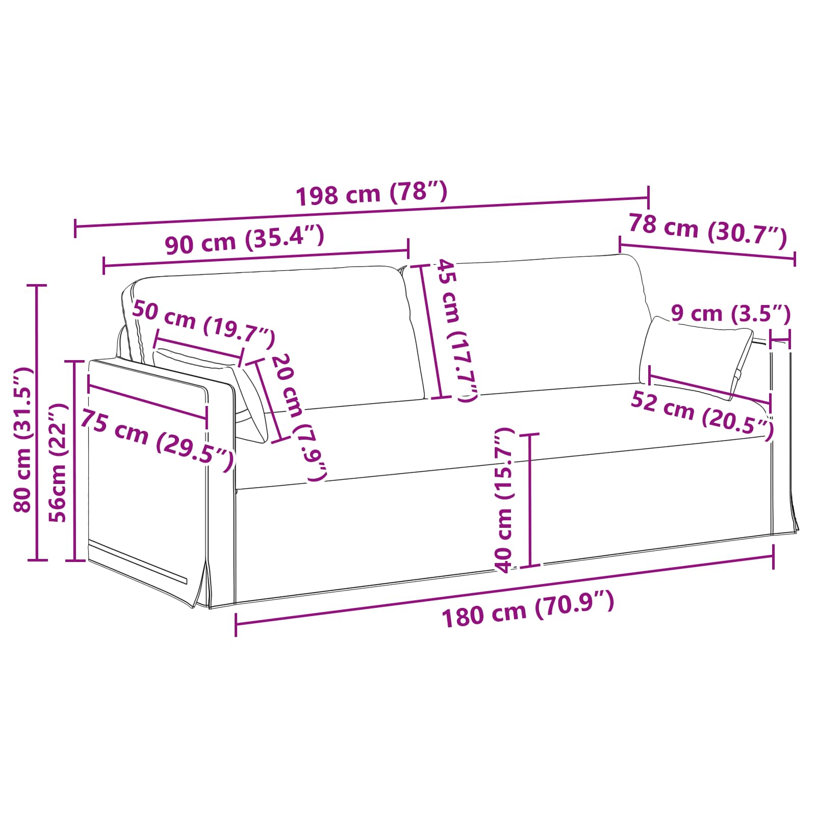 Sofa Set 2 pcs Schwarz 198 x 78 x 80 cm Stoff