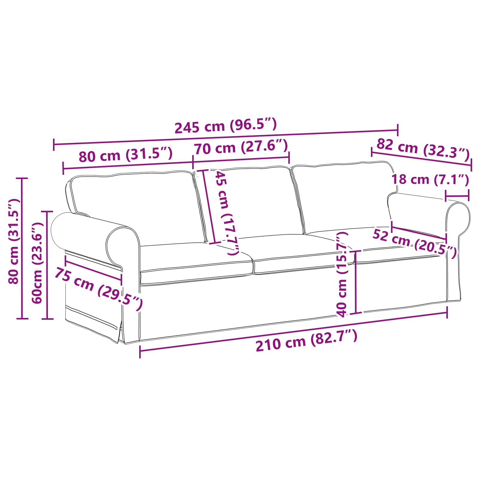 Sofa Hellgrau 245 x 82 x 80 cm Stoff