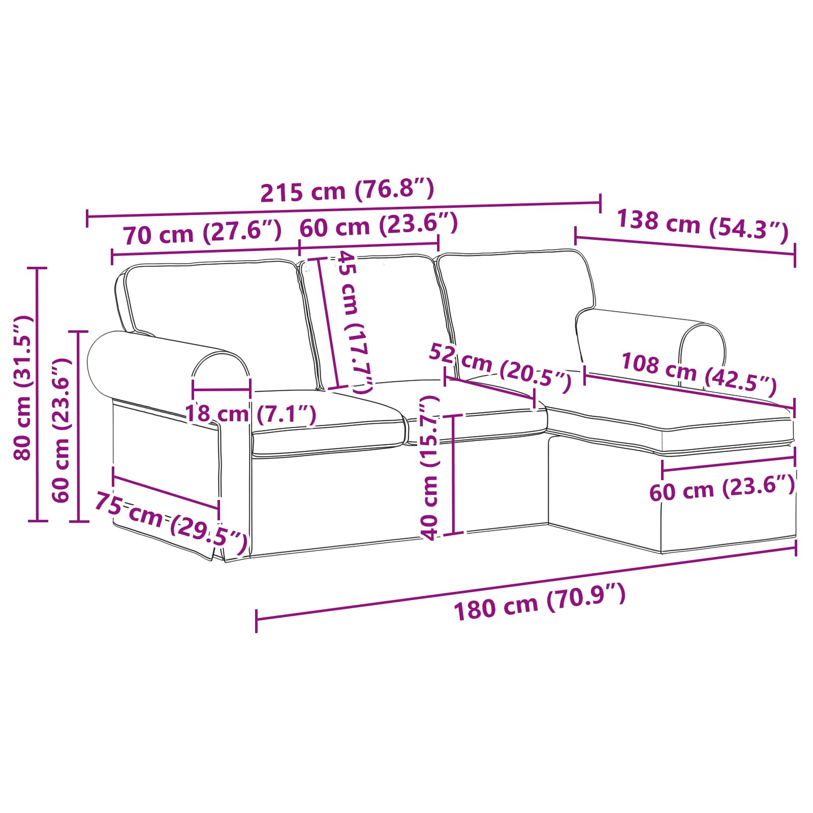 Sofa Creme 215 x 138 x 80 cm Stoff
