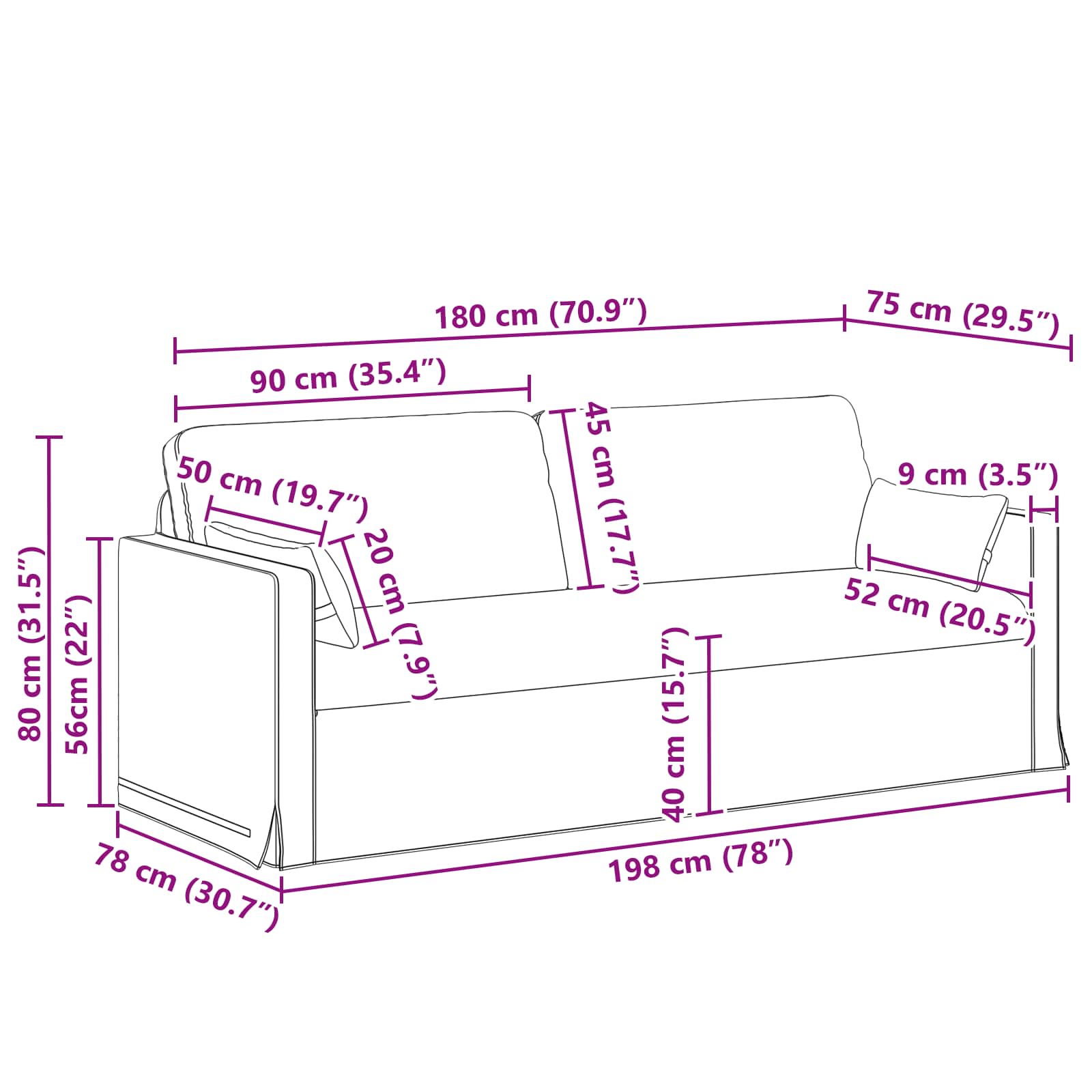Sofa Blau 198 x 78 x 80 cm Stoff
