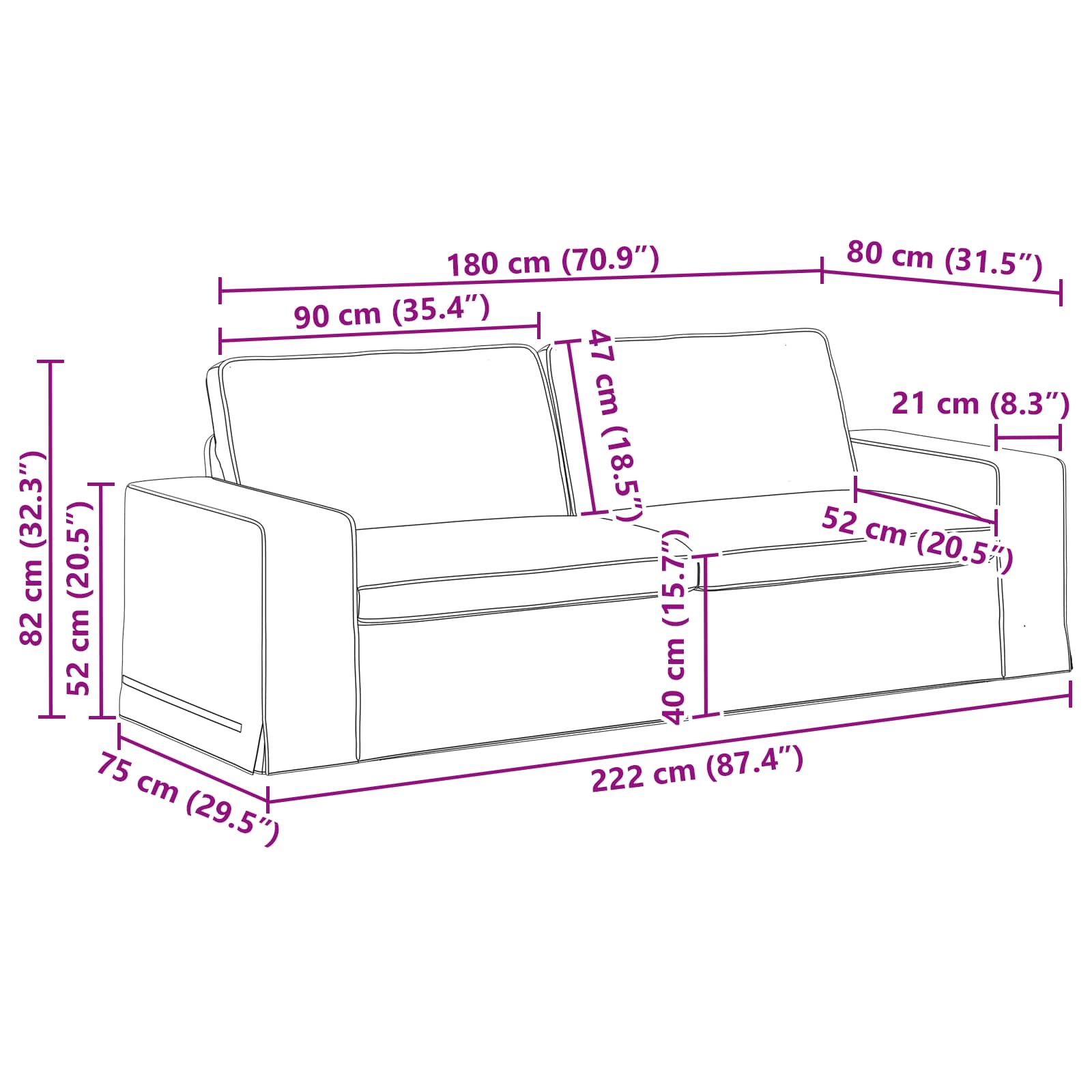 Sofa Blau 222 x 80 x 82 cm Stoff