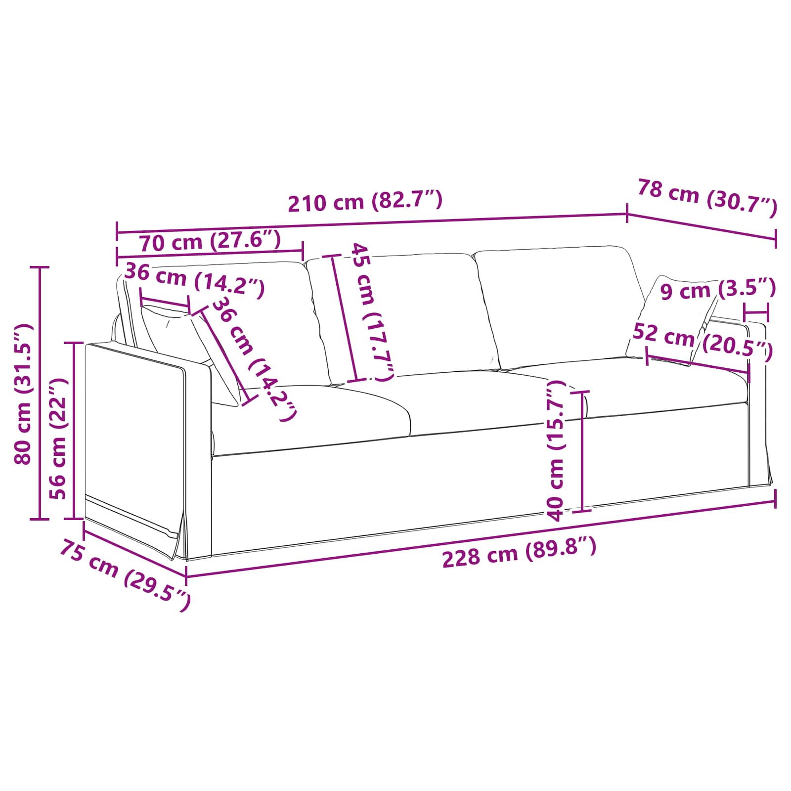 Sofa Dunkelgrau 228 x 78 x 80 cm Samt