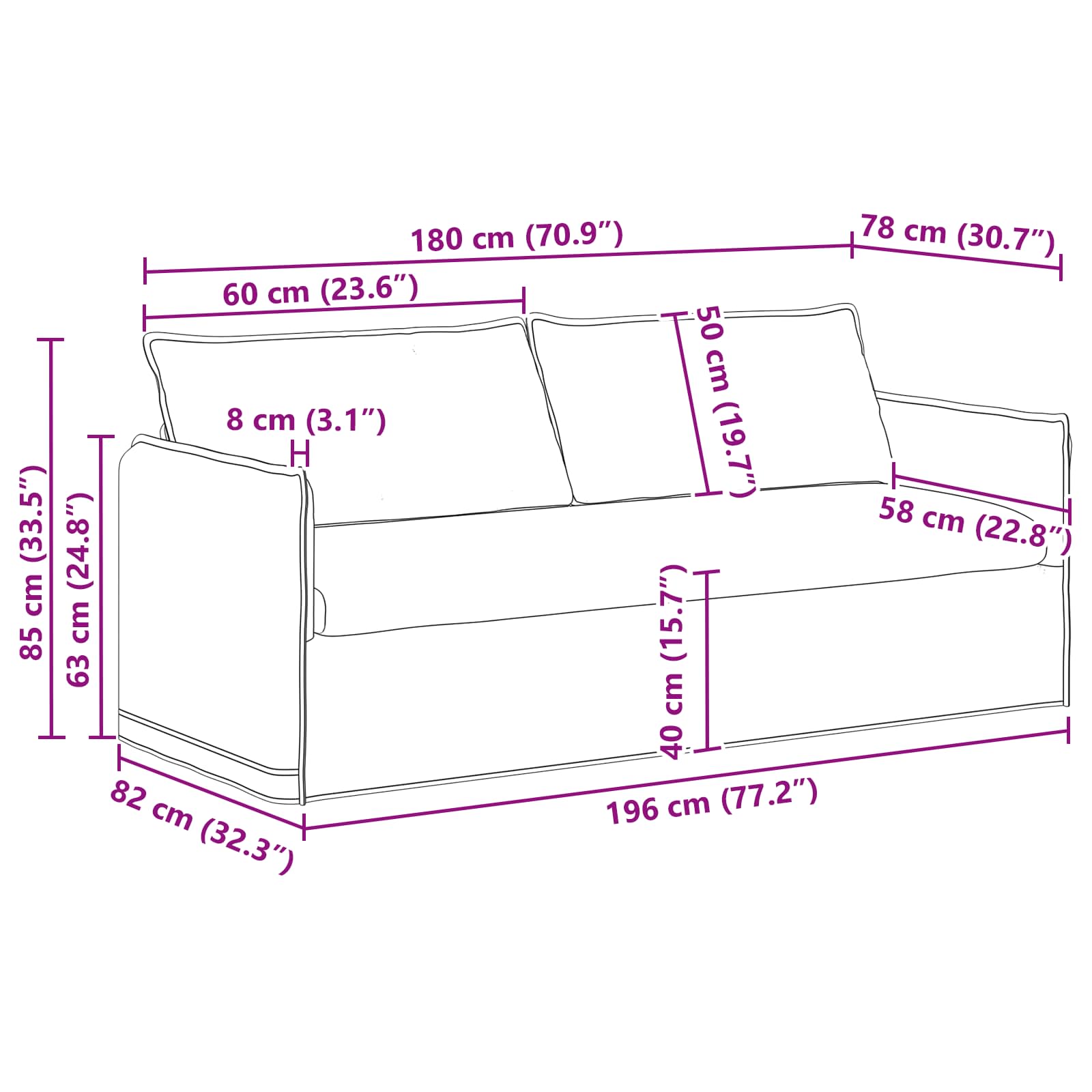 Sofa Hellgrau 196 x 82 x 85 cm Stoff