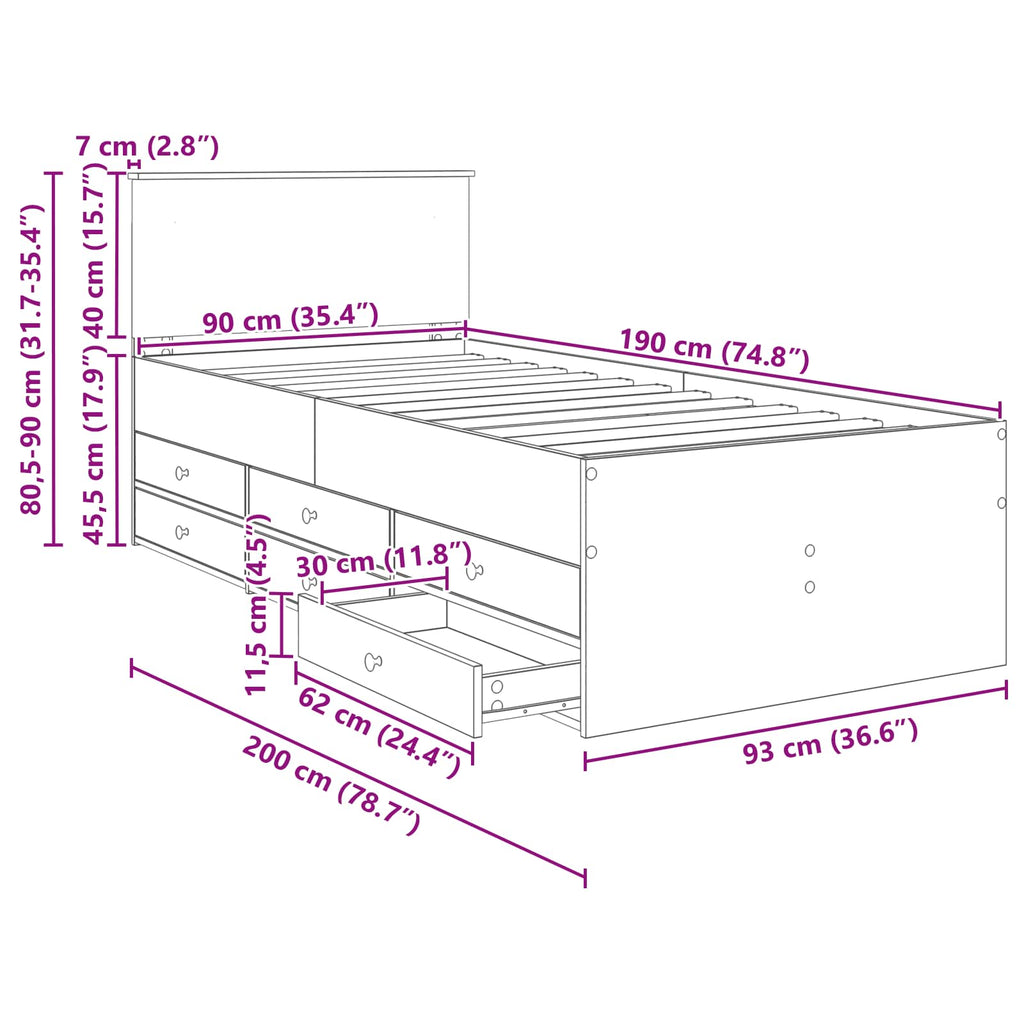 Tagesbett Grau Sonoma und Schwarz 90 x 190 cm Holzwerkstoff