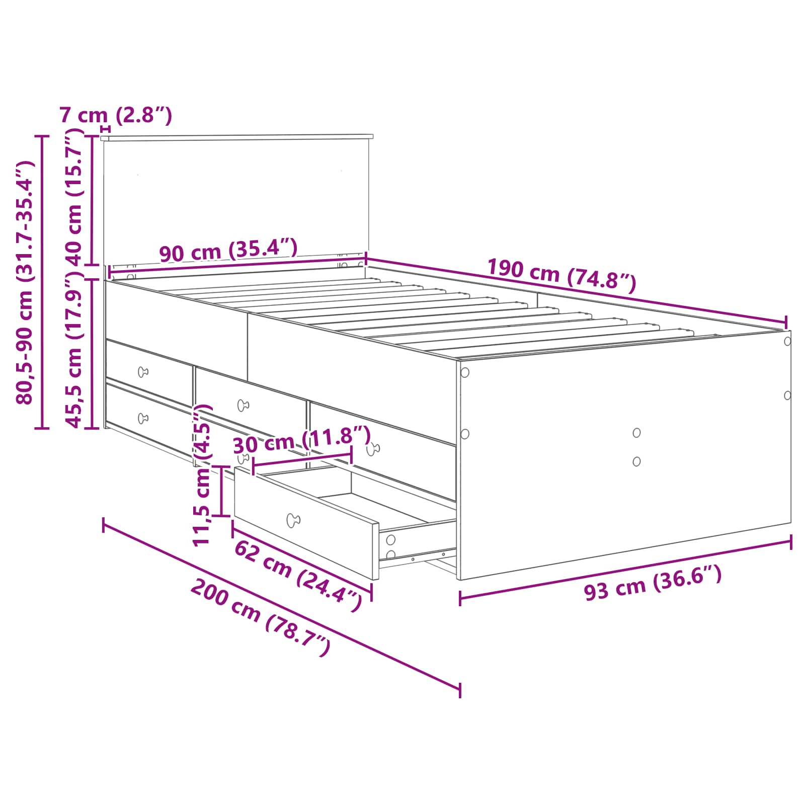 Tagesbett Grau Sonoma und Schwarz 90 x 190 cm Holzwerkstoff