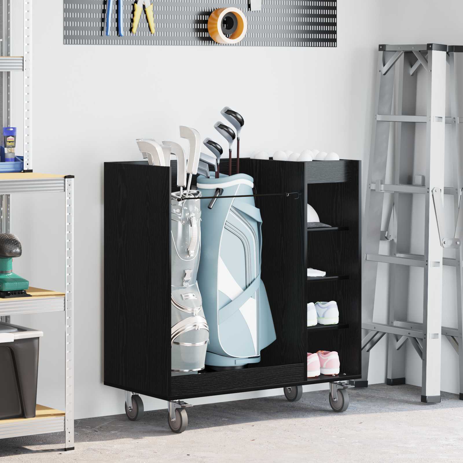 Golf Schrank Mit Rad Uni Schwarz Eichen-Optik 90 x 45 x 98 cm