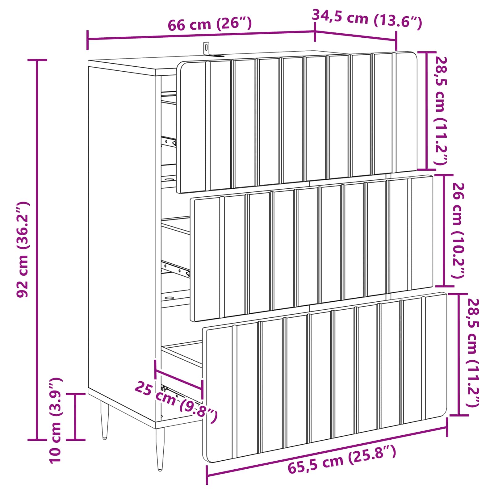 Schubladenschrank Geräucherte Eiche 66 x 34,5 x 92 cm
