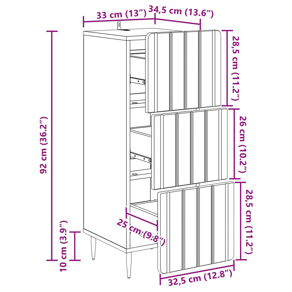 Schubladenschrank Geräucherte Eiche 33 x 34,5 x 92 cm