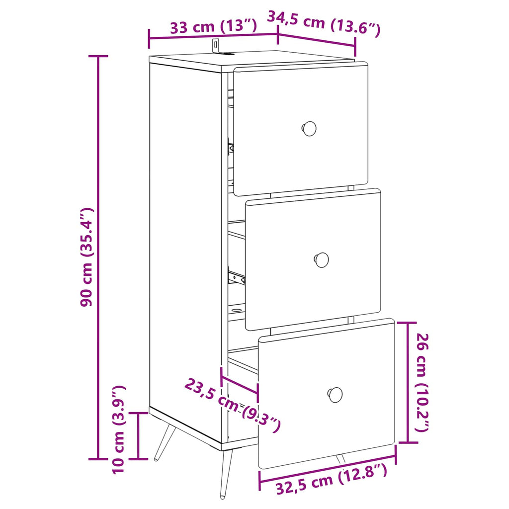Schubladenschrank Artisan-Eiche 33 x 34,5 x 90 cm Holzwerkstoff