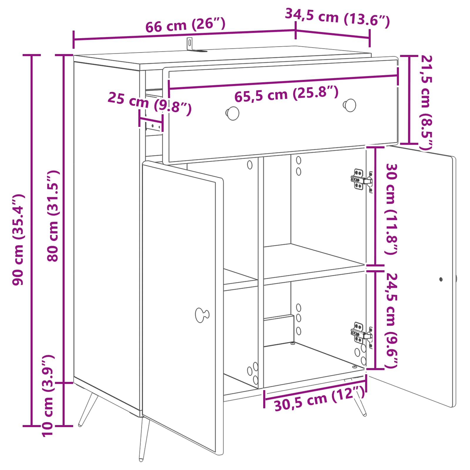 Sideboard mit Schubladen Weiß 66 x 34,5 x 90 cm Holzwerkstoff