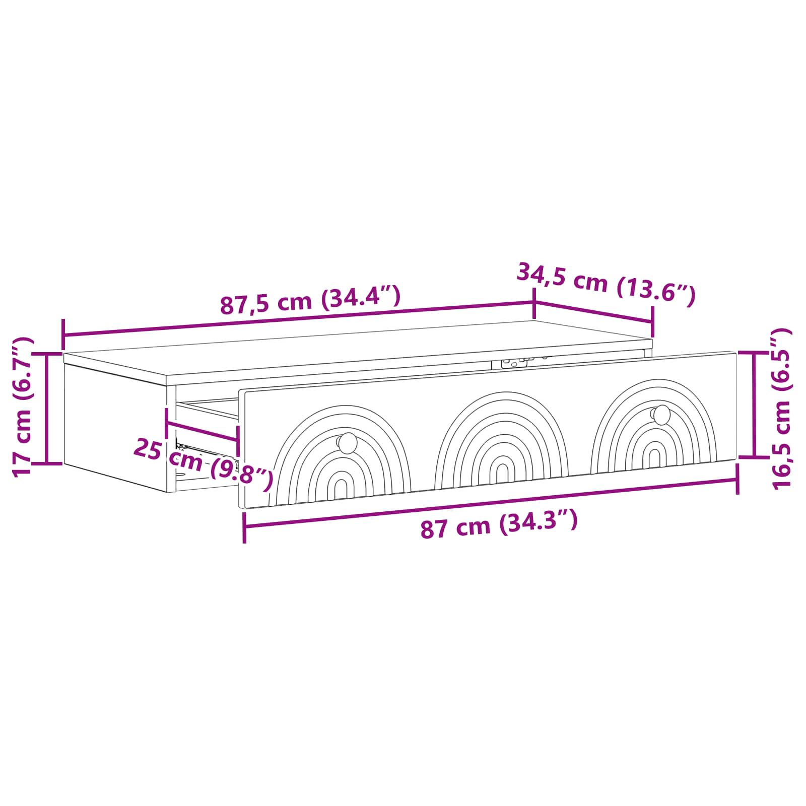 Wandmontierter Beistelltisch Hochglanz Weiß 87,5 x 34,5 x 17 cm