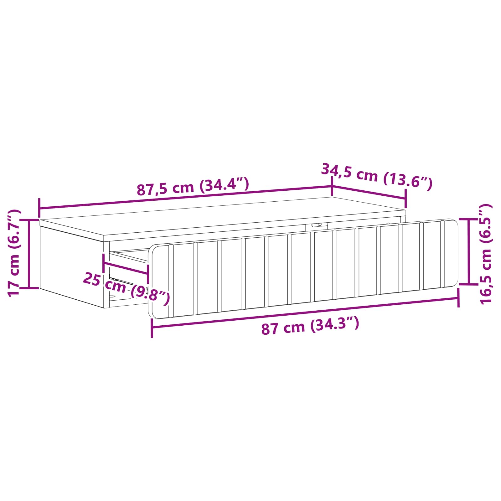Wandmontierter Beistelltisch Hochglanz Weiß 87,5 x 34,5 x 17 cm