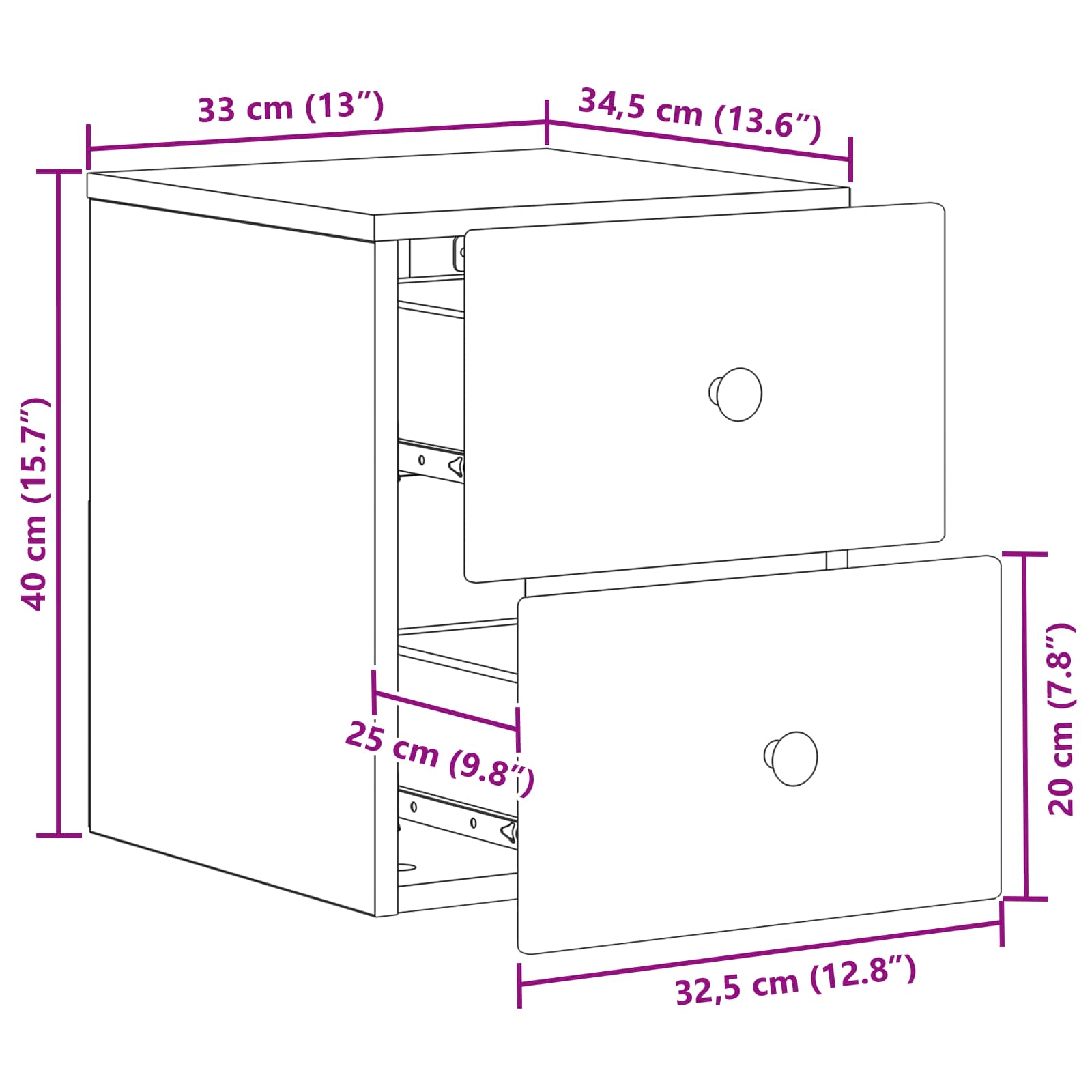 Wandmontierter Nachttisch 2 pcs Betongrau 34,5 x 33 x 40 cm