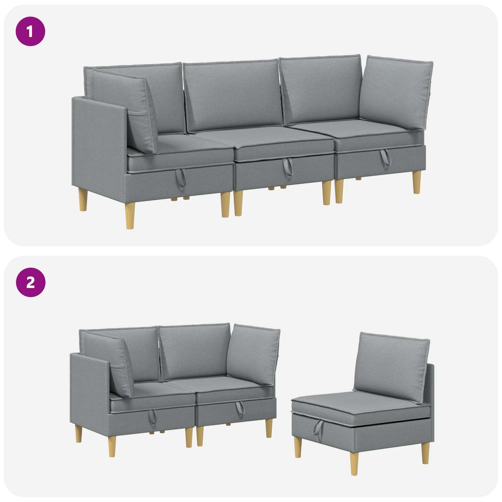 Modular Sofa Set mit Stauraum 3 pcs Hellgrau Stoff